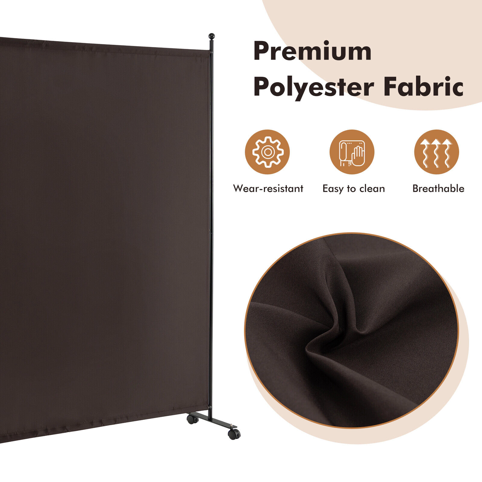 SUGIFT Single Panel Lockable Casters Metal Frame Rolling Room Divider 73-in x 12-in x 73-in 4 Wheels 9-lb Brown