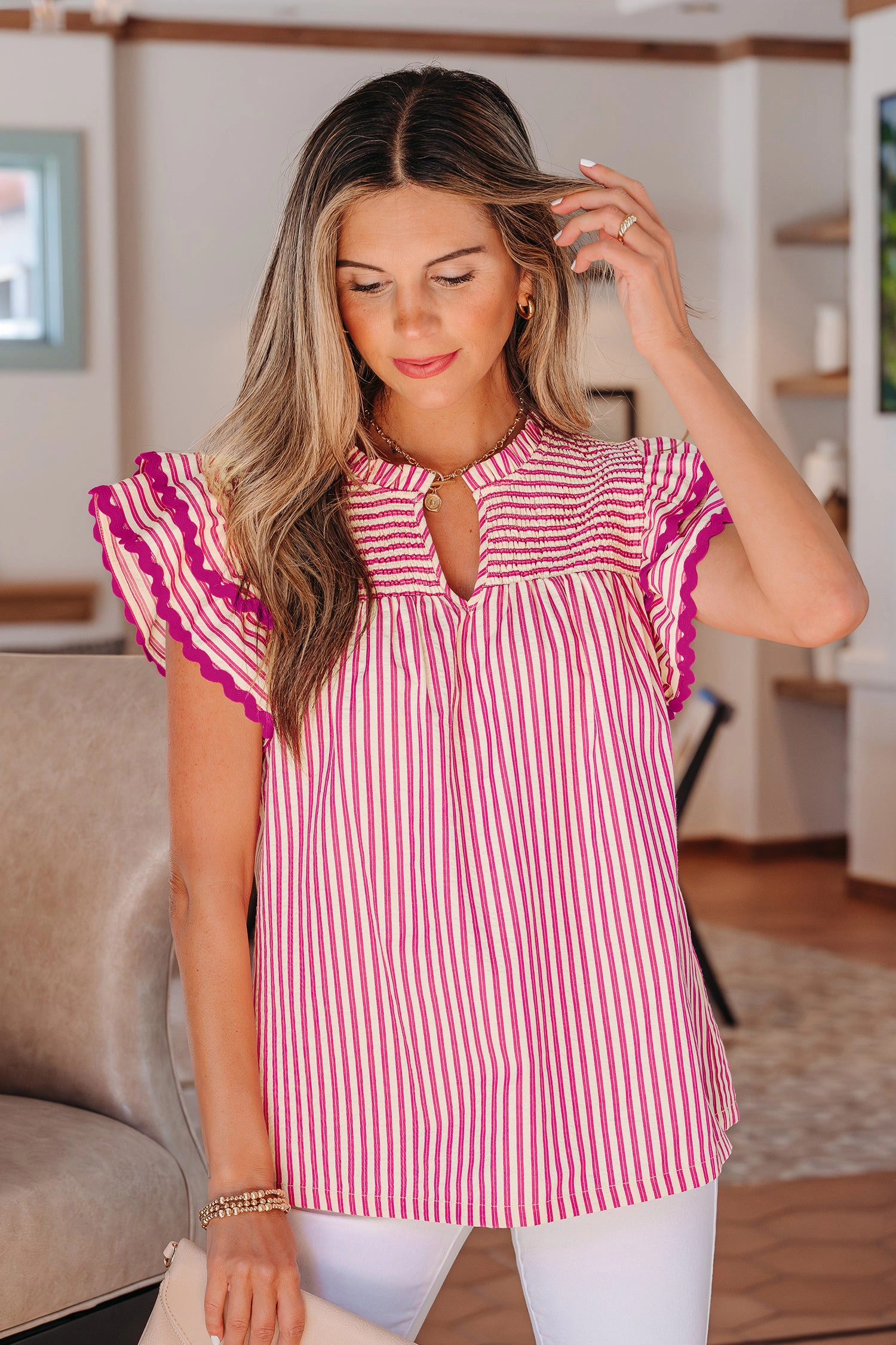 Threaded Pear Treasure Ruffled Short Sleeve Blouse