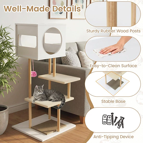 SUGIFT 40-in Tall Wood Cat Tree Tower with 2 Cardboard Cat Scratchers 2-Door Condo and Rubber Wood Poles