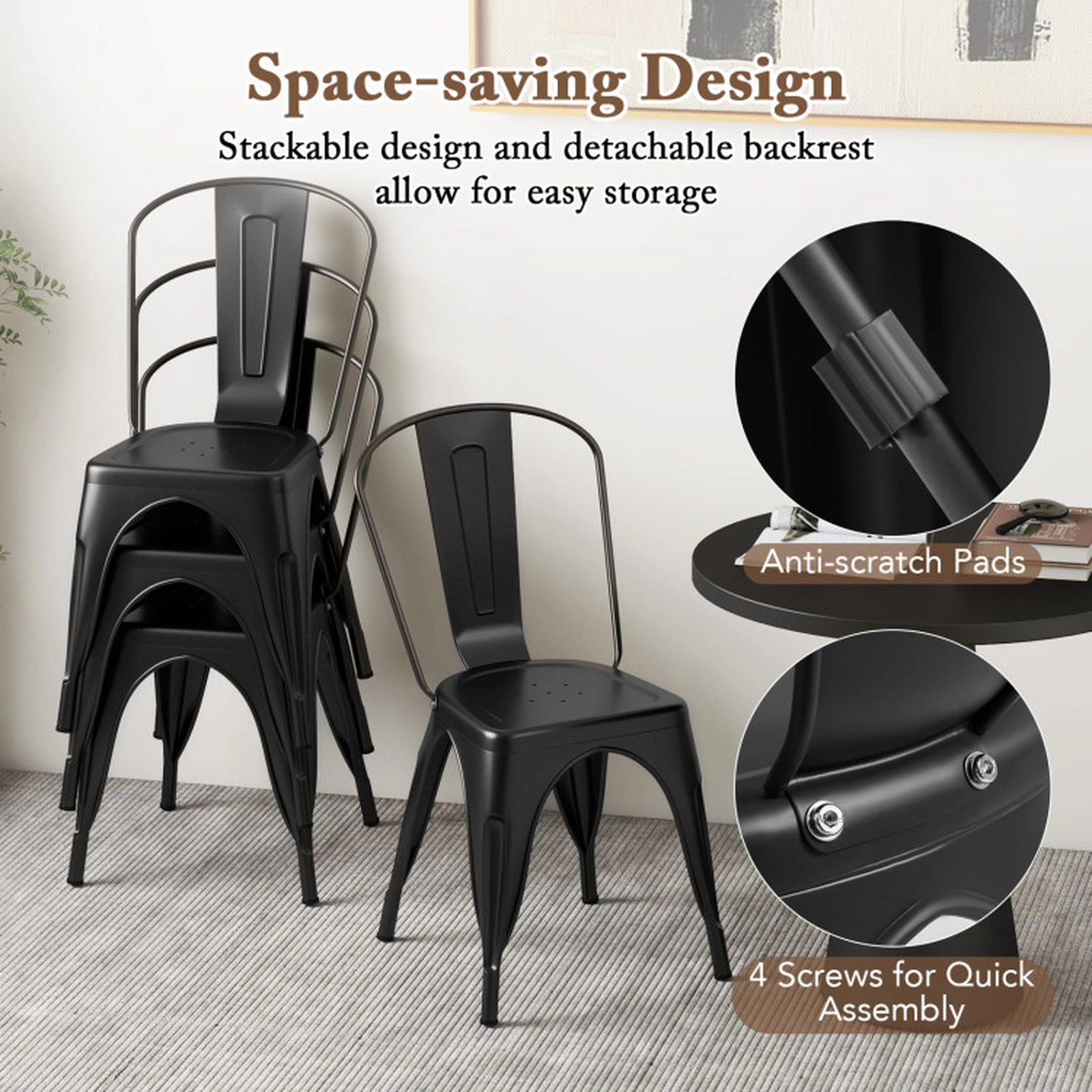 SUGIFT Metal Stackable Removable Backrest and X-Shaped Base Set of 4 Dining Chairs