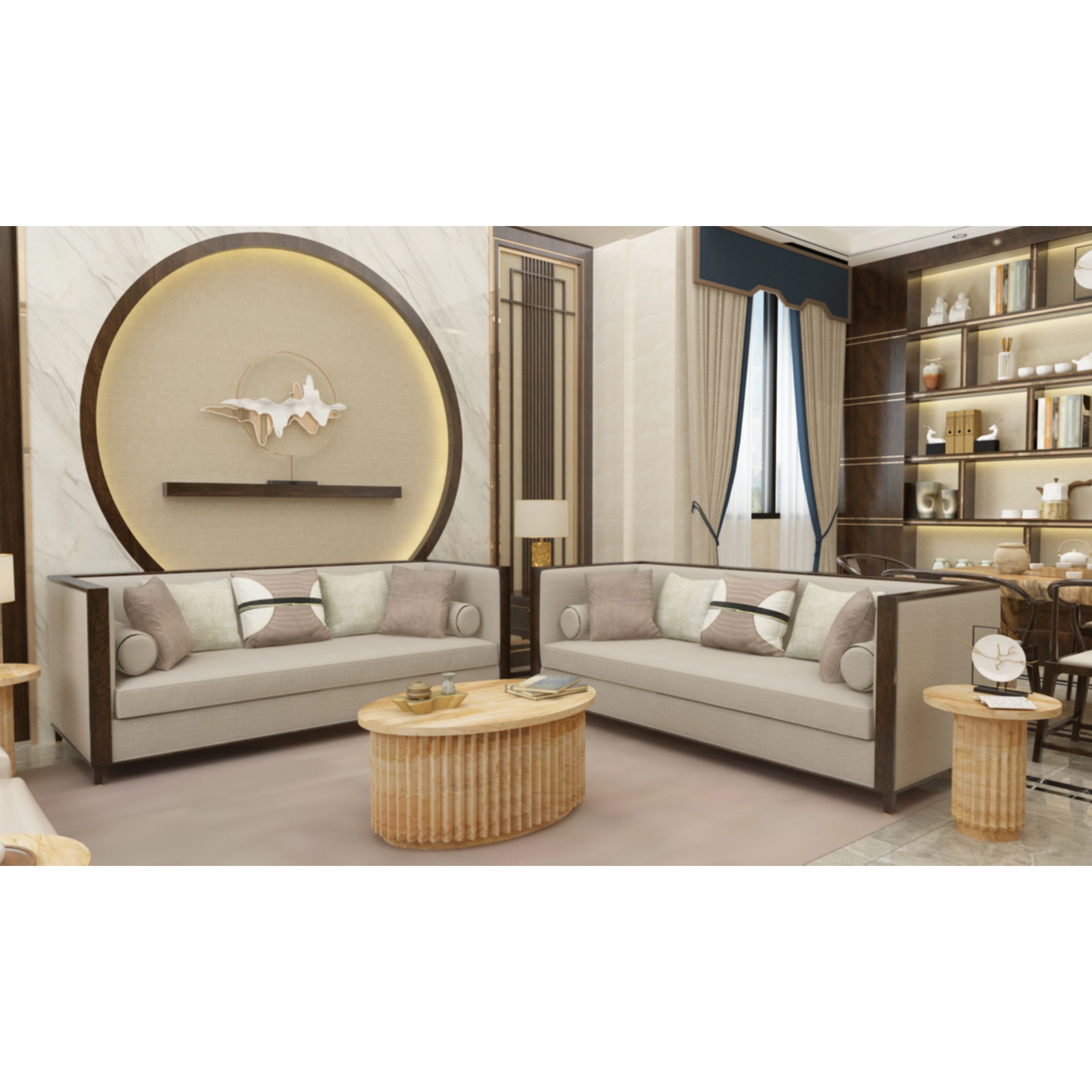 The Urban Port Muna Coffee Table, 36 Inch Oval, Handcrafted Mango Wood, Reeded Base with Hidden Storage, Natural Brown
