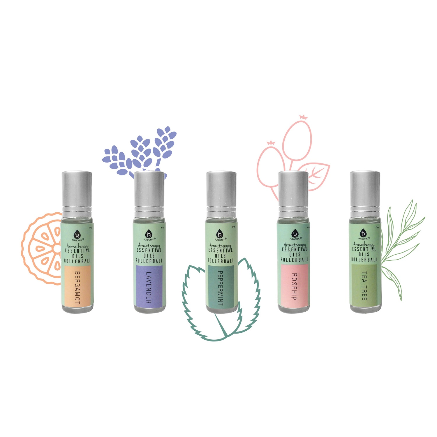 Pursonic Unisex Natural Aromatherapy Essential Oil Rollerball Wellness Set