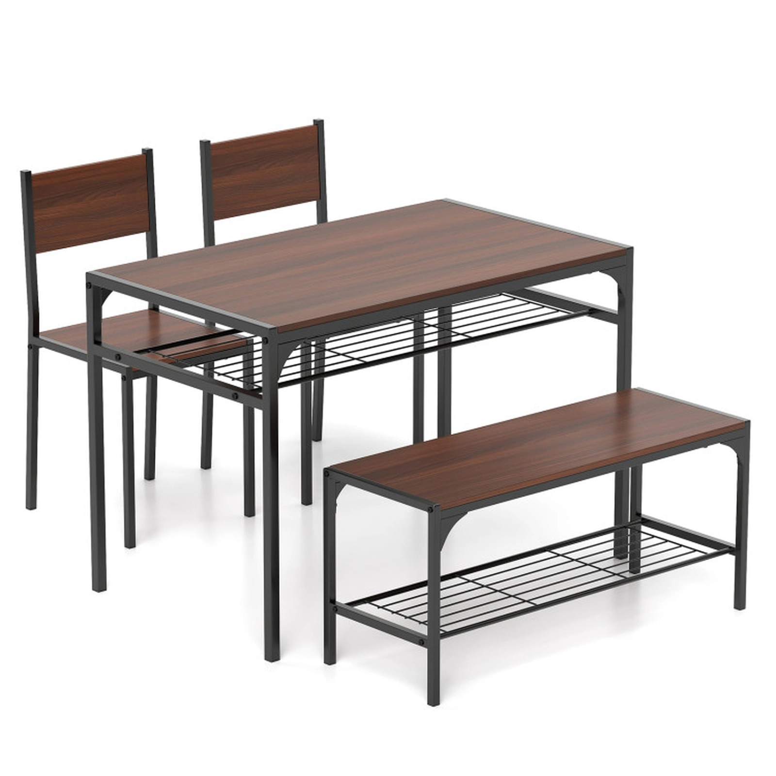 SUGIFT 4-Piece 43-Inch Industrial Dining Set with Table, Bench, 2 Chairs and Storage Shelves