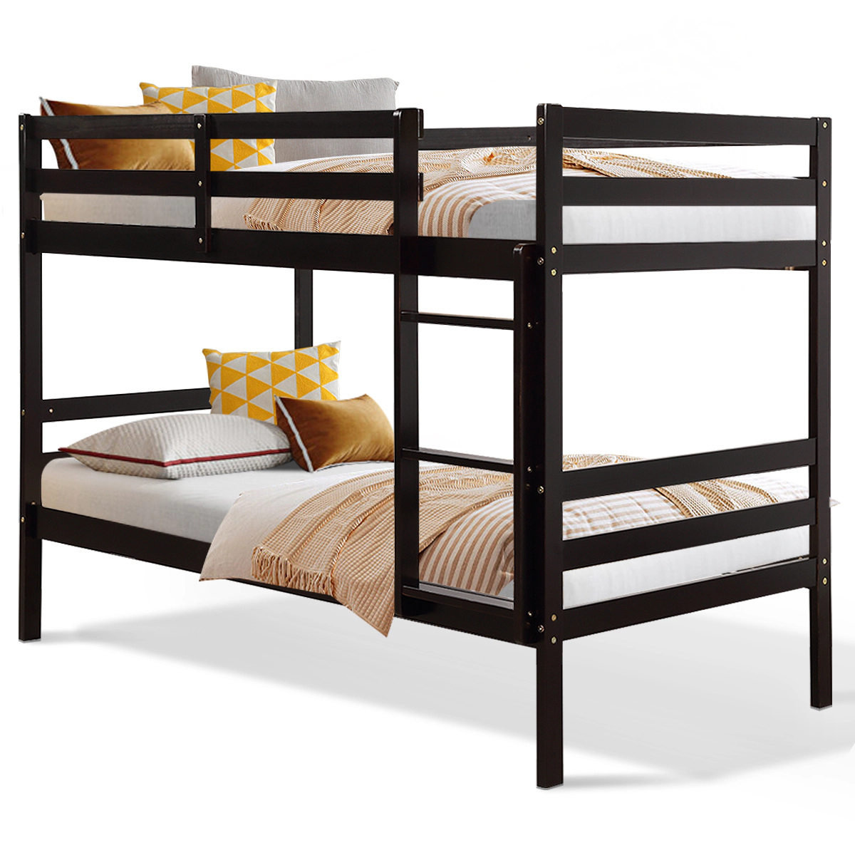 SUGIFT Twin-Over-Twin Bunk Bed with Guardrails and Wide Ladder 330-lb Upper 400-lb Lower Capacity Brown