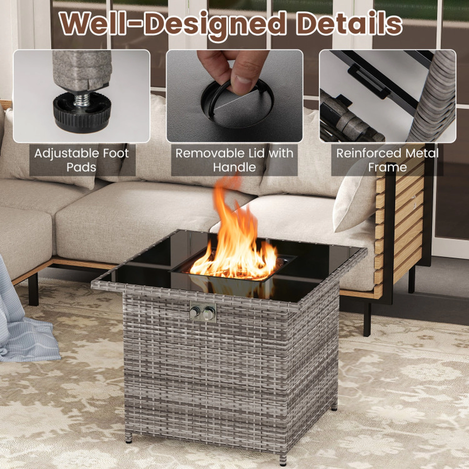 SUGIFT Square Gray Wicker Propane Fire Pit Table with Lid 32.5-in W 32.5-in D 26-in H 220-lb Tabletop Capacity