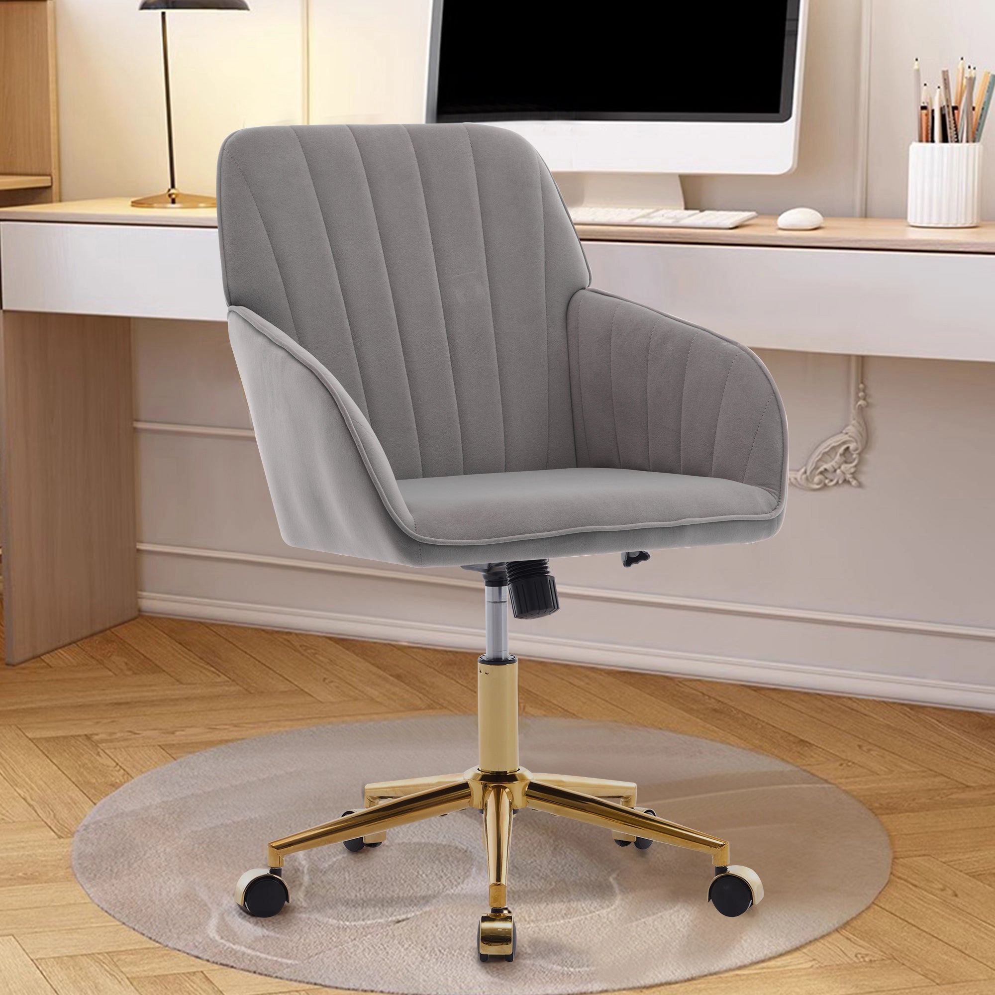 Platinum-Level Office Chairs TY Adjustable Velvet Office Chair, Gray, Gold Base Swivel