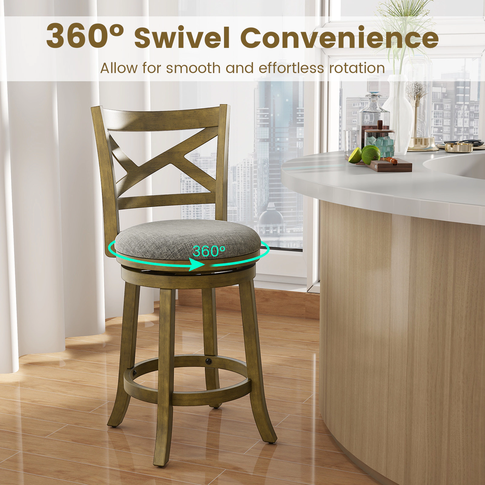SUGIFT X-Back and Linen Padded Seat Set of 2 Antique Gray 25 in Swivel Bar Stools