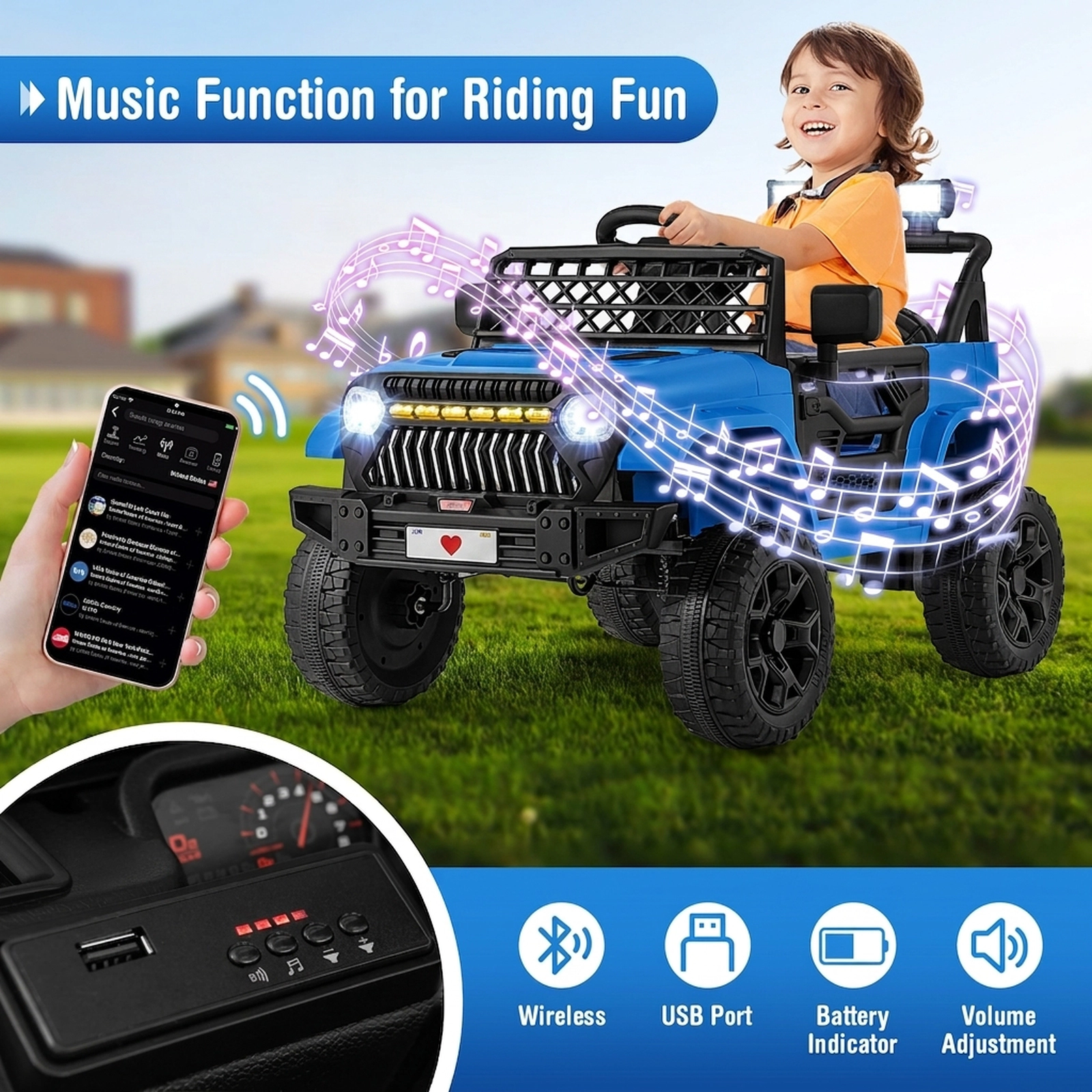12V Kids Ride On Truck Parent Remote Dual Motors Wireless Music Player Electric Car LED Lights Door Locks Ages 3+ Navy