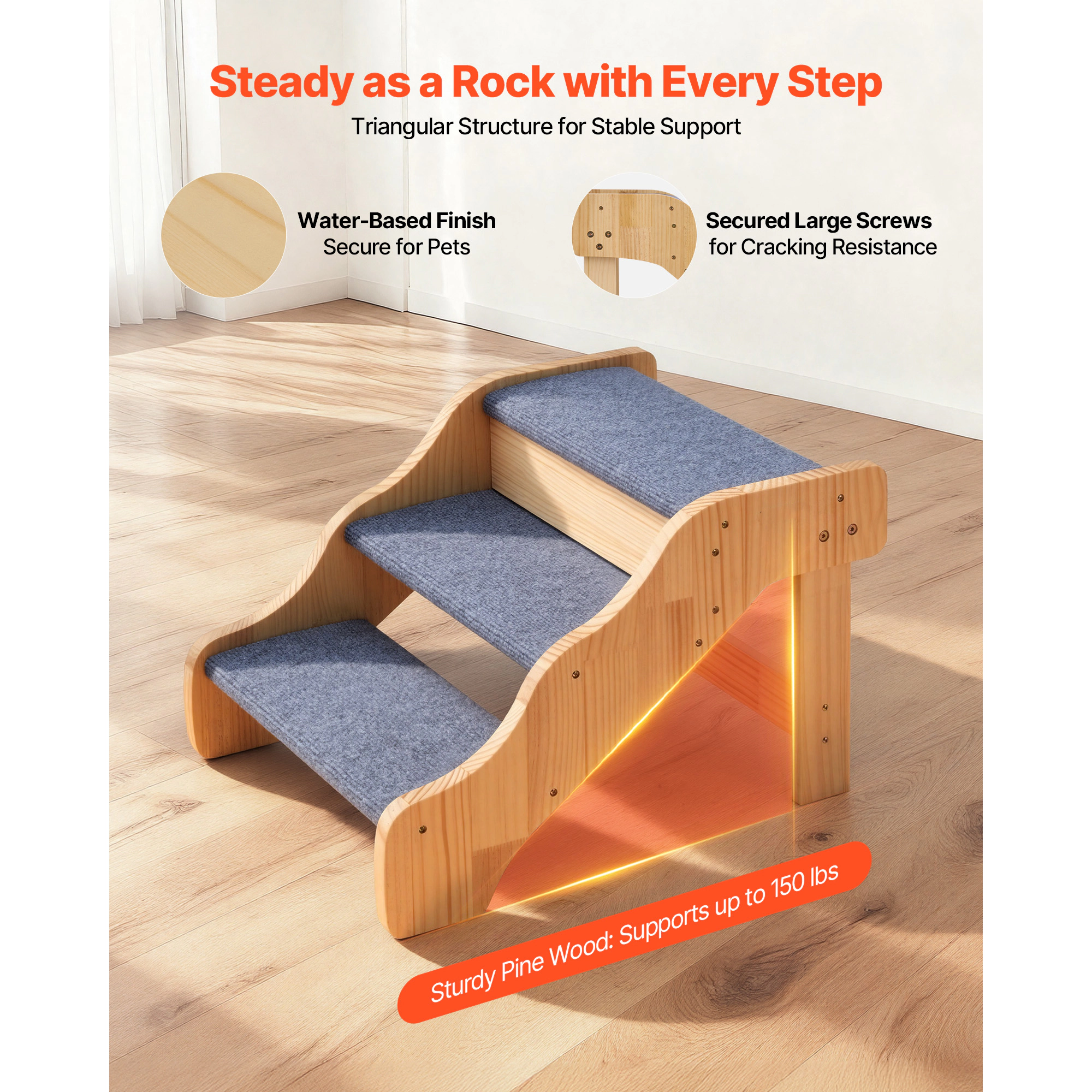 HONGGE 3-Step Non-Folding Wood Dog Stairs for High Beds & Sofas, Fixed Frame, Supports Pets up to 150 lbs