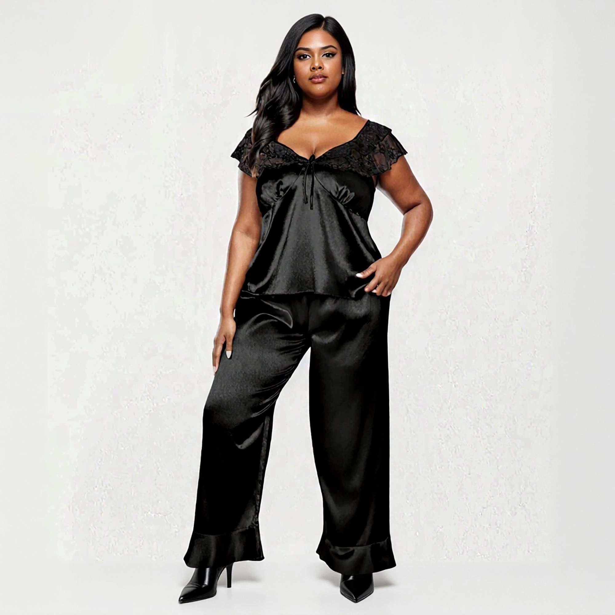 Anna-Kaci Women's Plus 2-Piece Satin Lace Trim Sleep Top and Wide Leg Pants with Soft Draping Silhouette