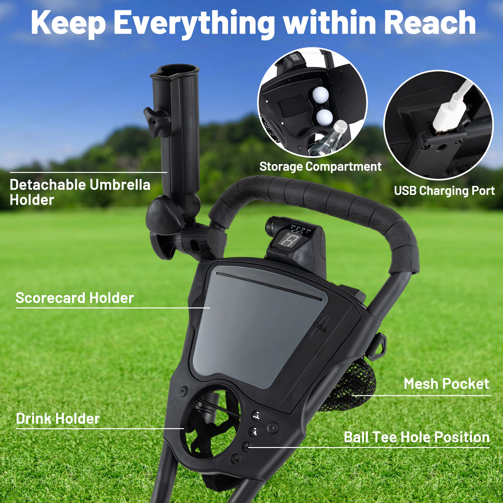 SUGIFT 3 Wheel Golf Bag Cart with Adjustable Handle and 9 Speed Settings 33-lb Capacity Black