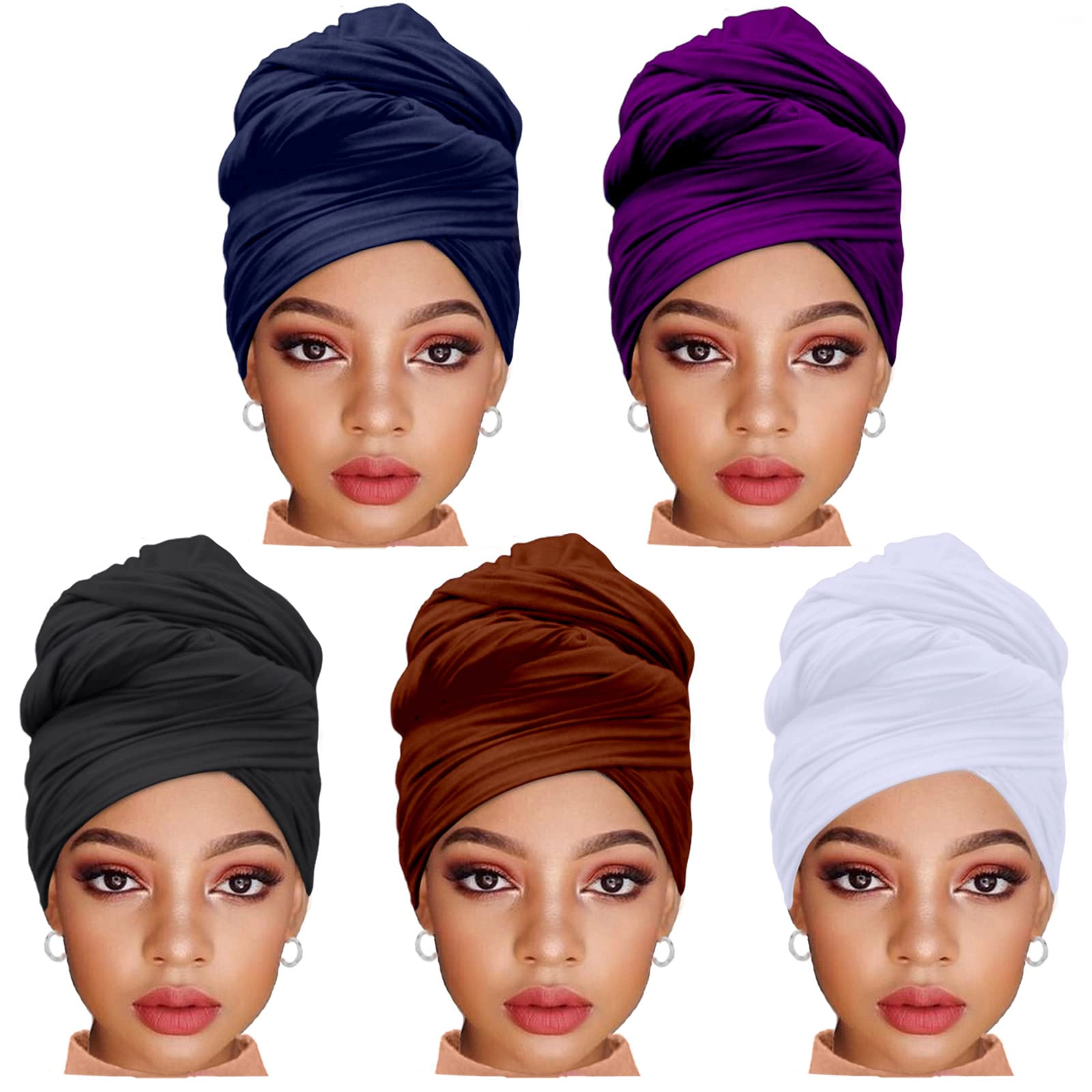 5 Pcs Stretch Turban Hijab for Women, Soft Breathable Super Long Scarf Shawl, Solid Color, Suitable for Black Women