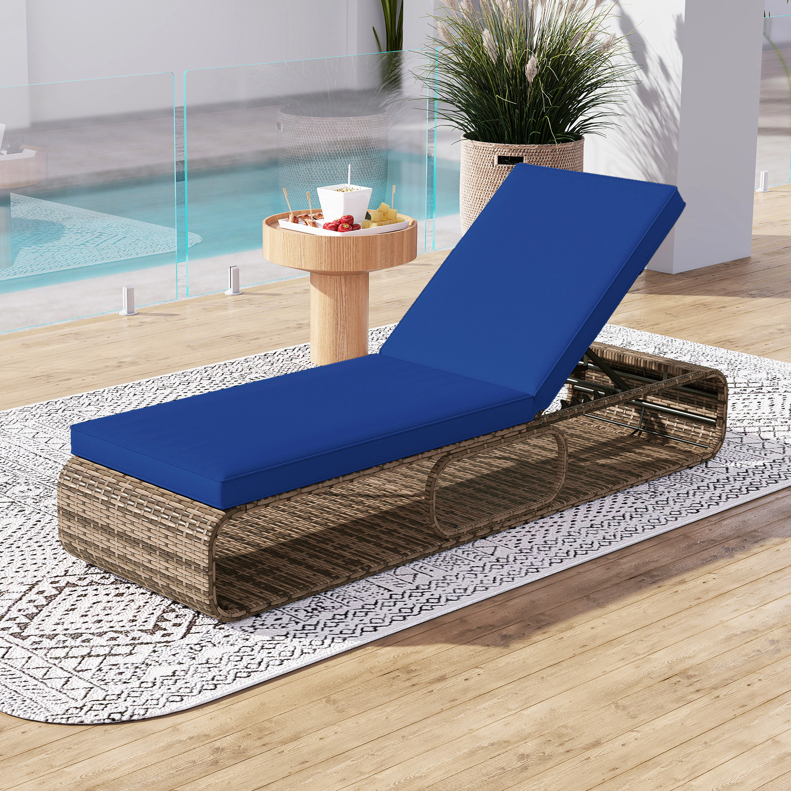 SUGIFT 7-Position Adjustable Outdoor PE Rattan Chaise Lounge Chair 400-lb Capacity Mix Brown with Off White/Navy Cushion