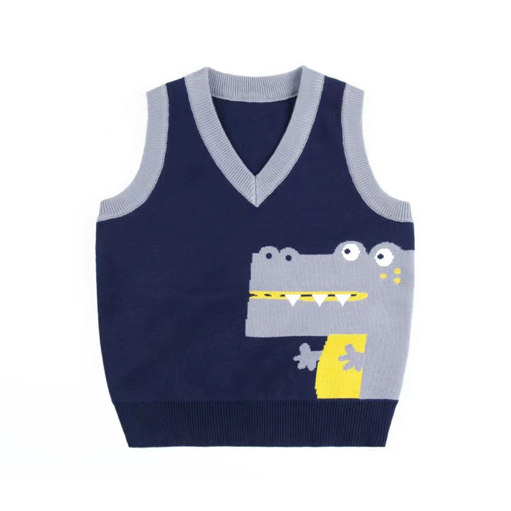 MyKids-USA Toddler Boy Embroidered Animal V-Neck Sleeveless Knit Vest