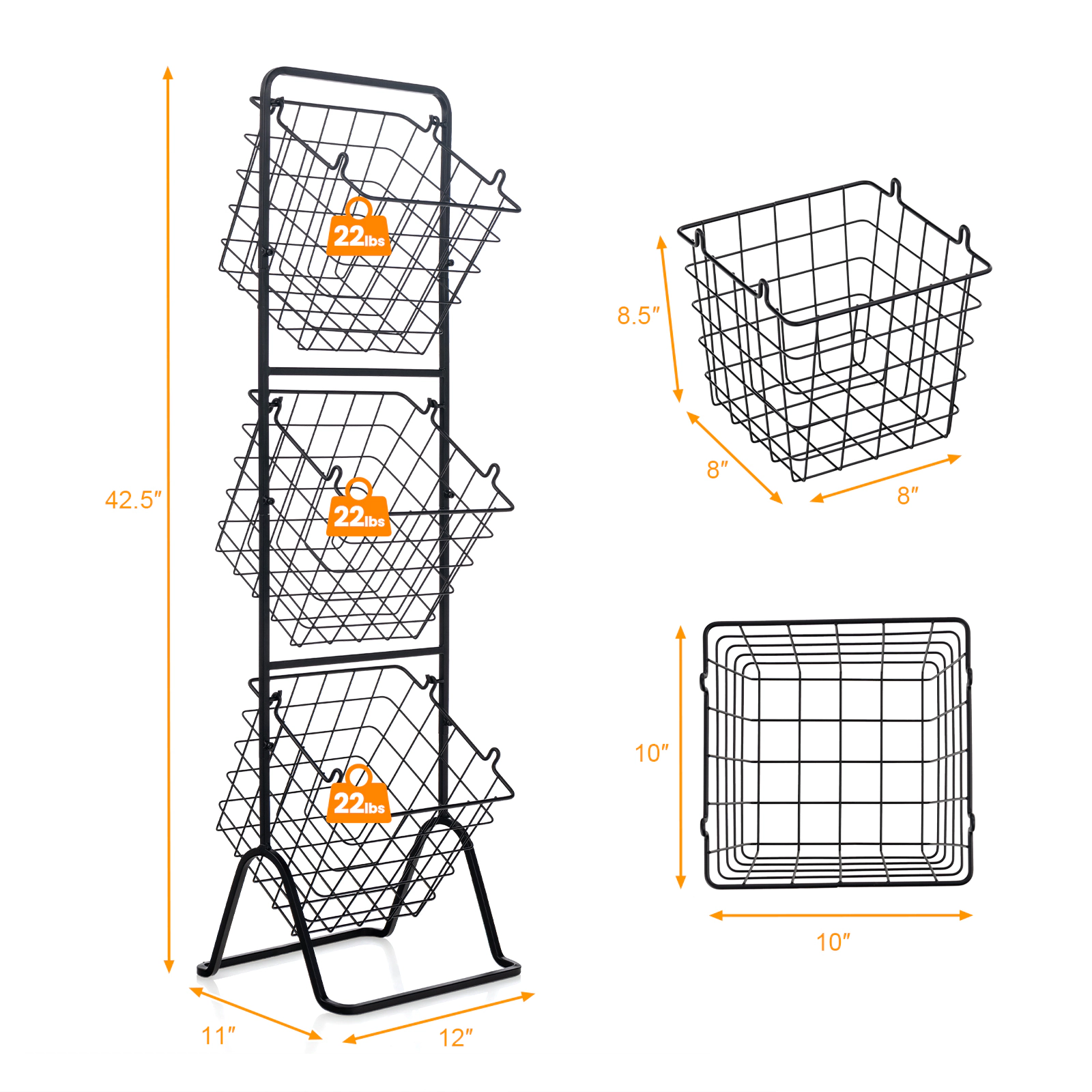 LJG 3-Tier Fruit Basket Stand with Adjustable Heights