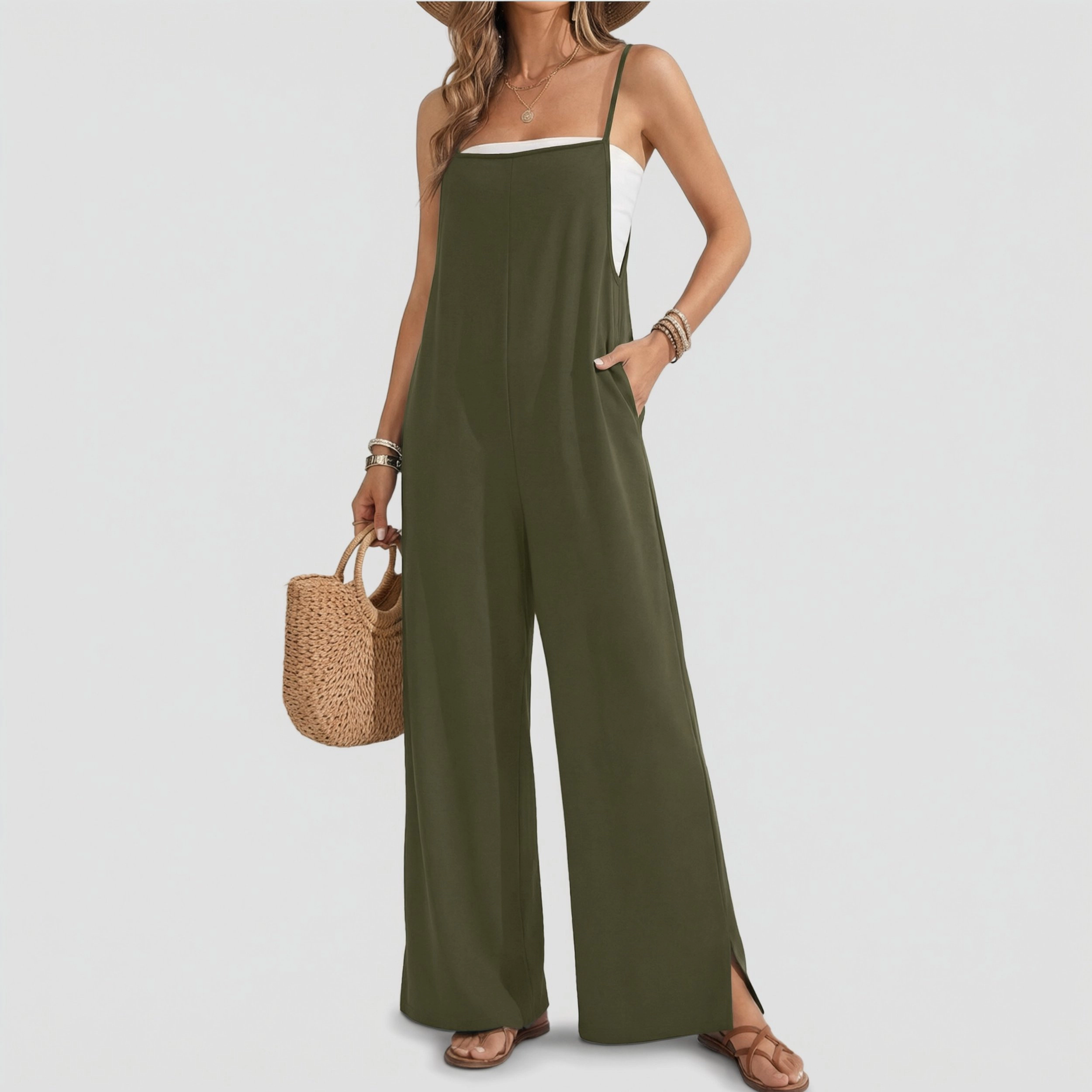 Ekouaer Women's Floral Print Spaghetti Strap Wide Leg Jumpsuit