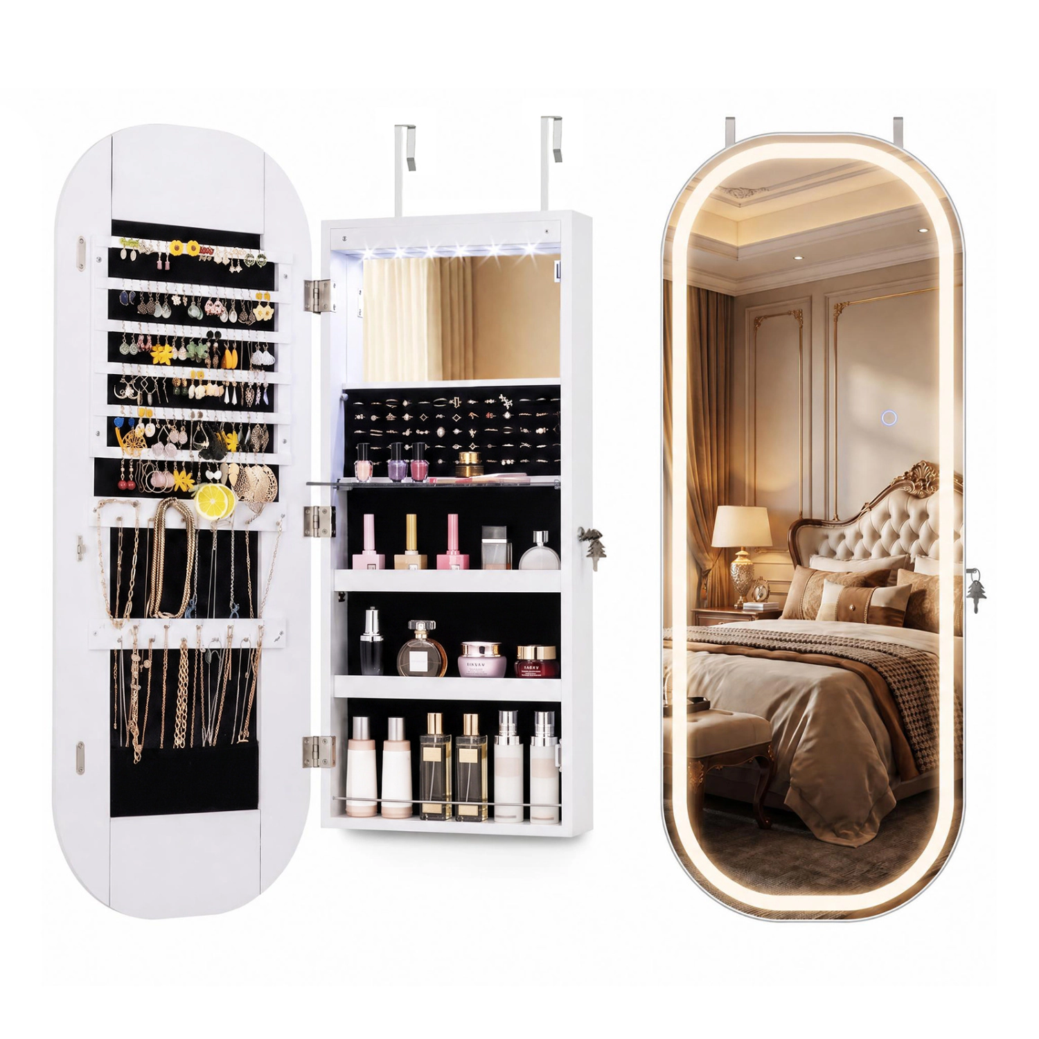 LJG Wall and Door Mounted Mirror Jewelry Cabinet with