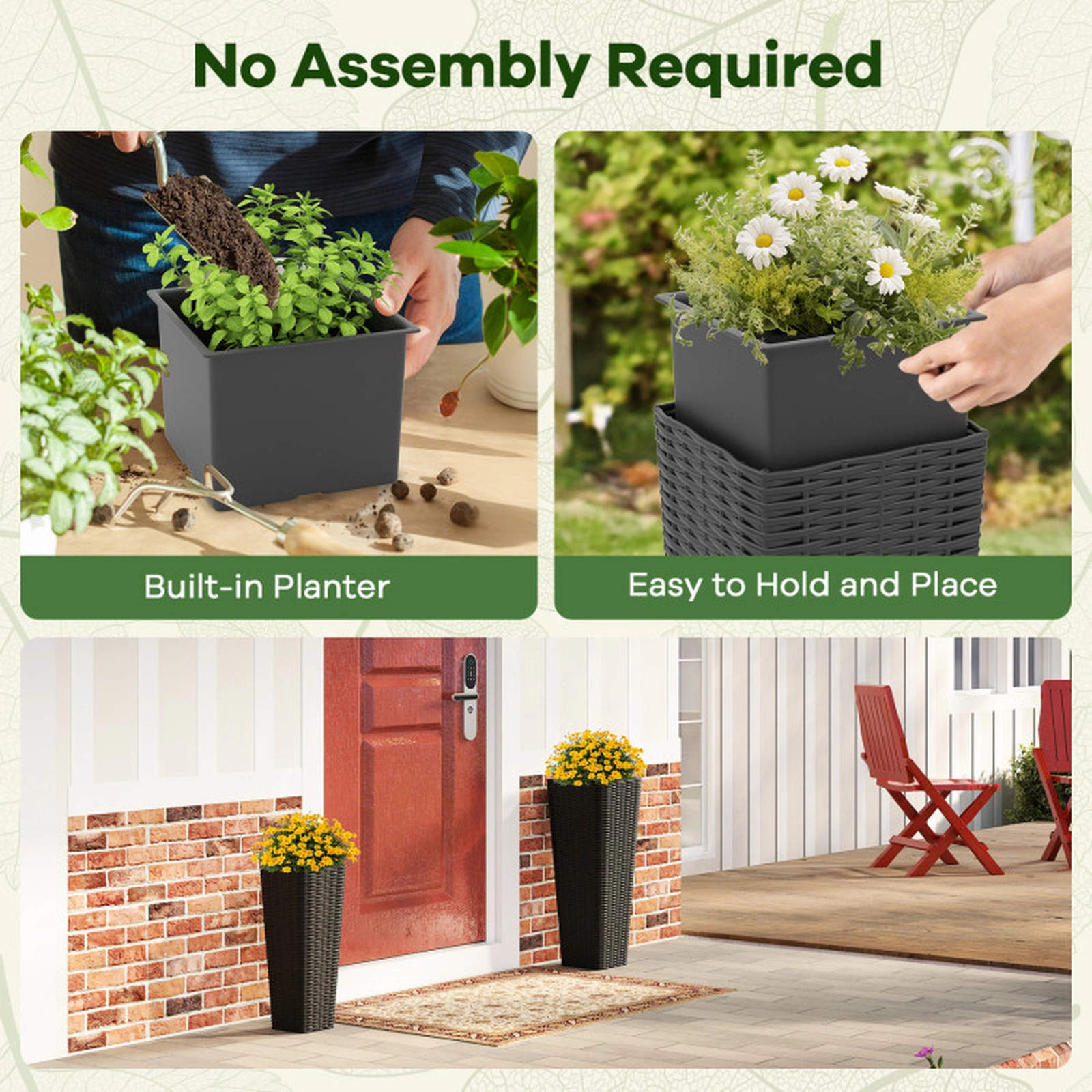 SUGIFT Set of 2 Tall Black Rattan Tapered Outdoor Planters with Removable Inner Trays 12-in W 32-in H