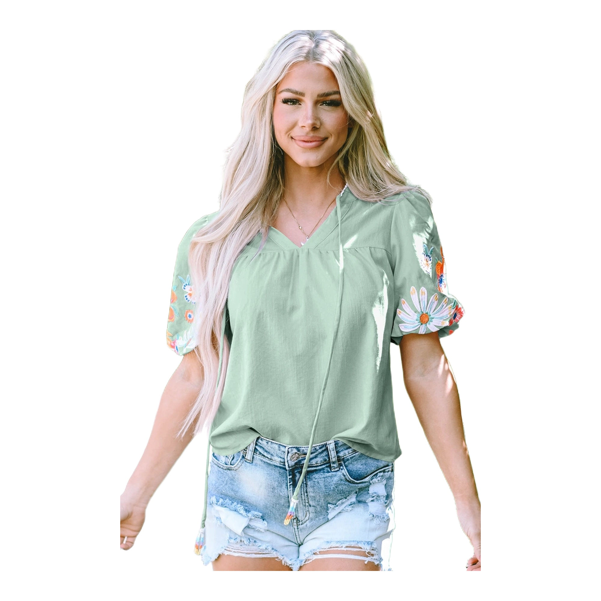 Sol Living Womens Floral Embroidered Puff Sleeve Split Neck Blouse
