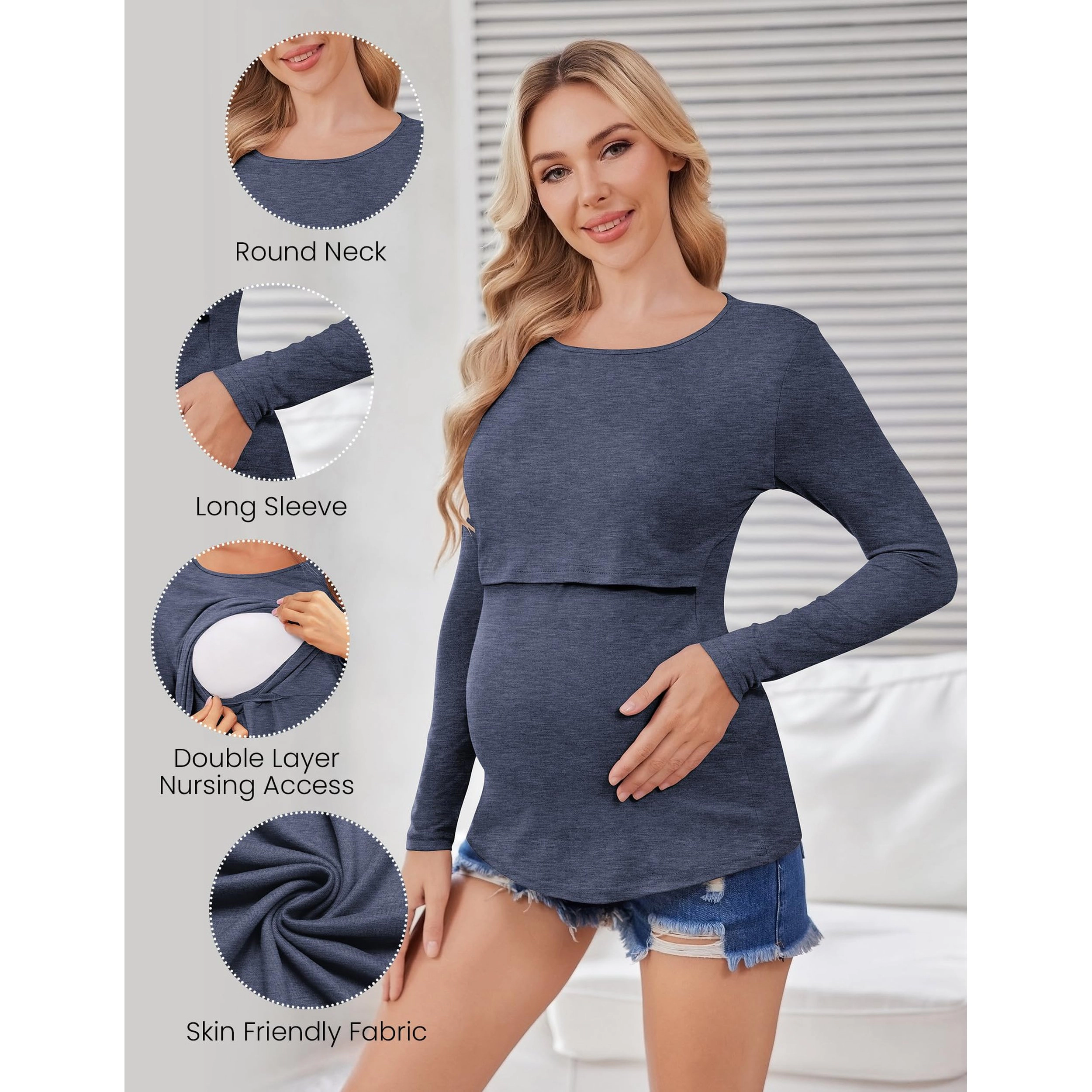 Ekouaer Women's Crew Neck Long Sleeve Nursing Top Maternity T-Shirt