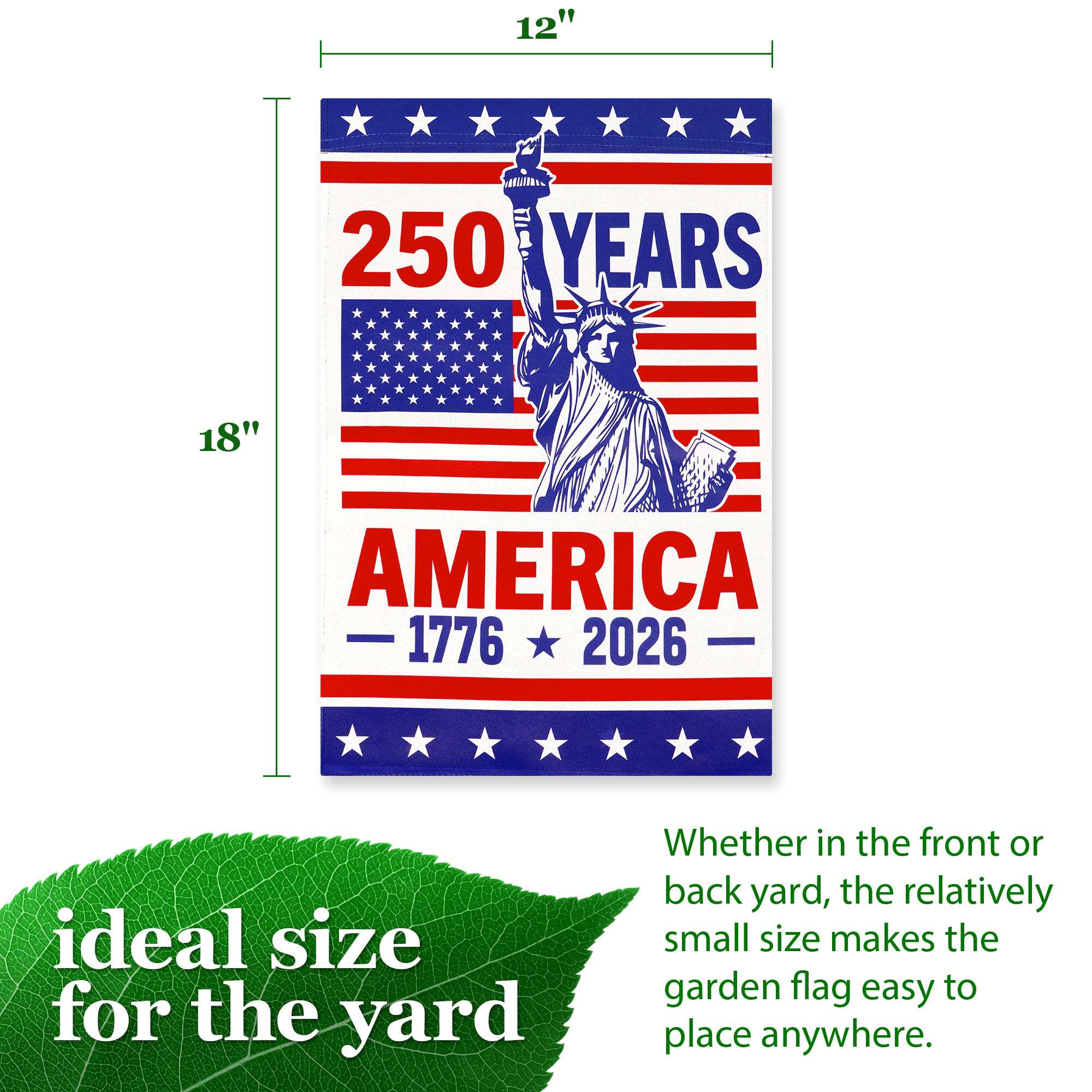 G128 USA 250th Anniversary Garden Flag 12x18 Double-Sided Statue of Liberty