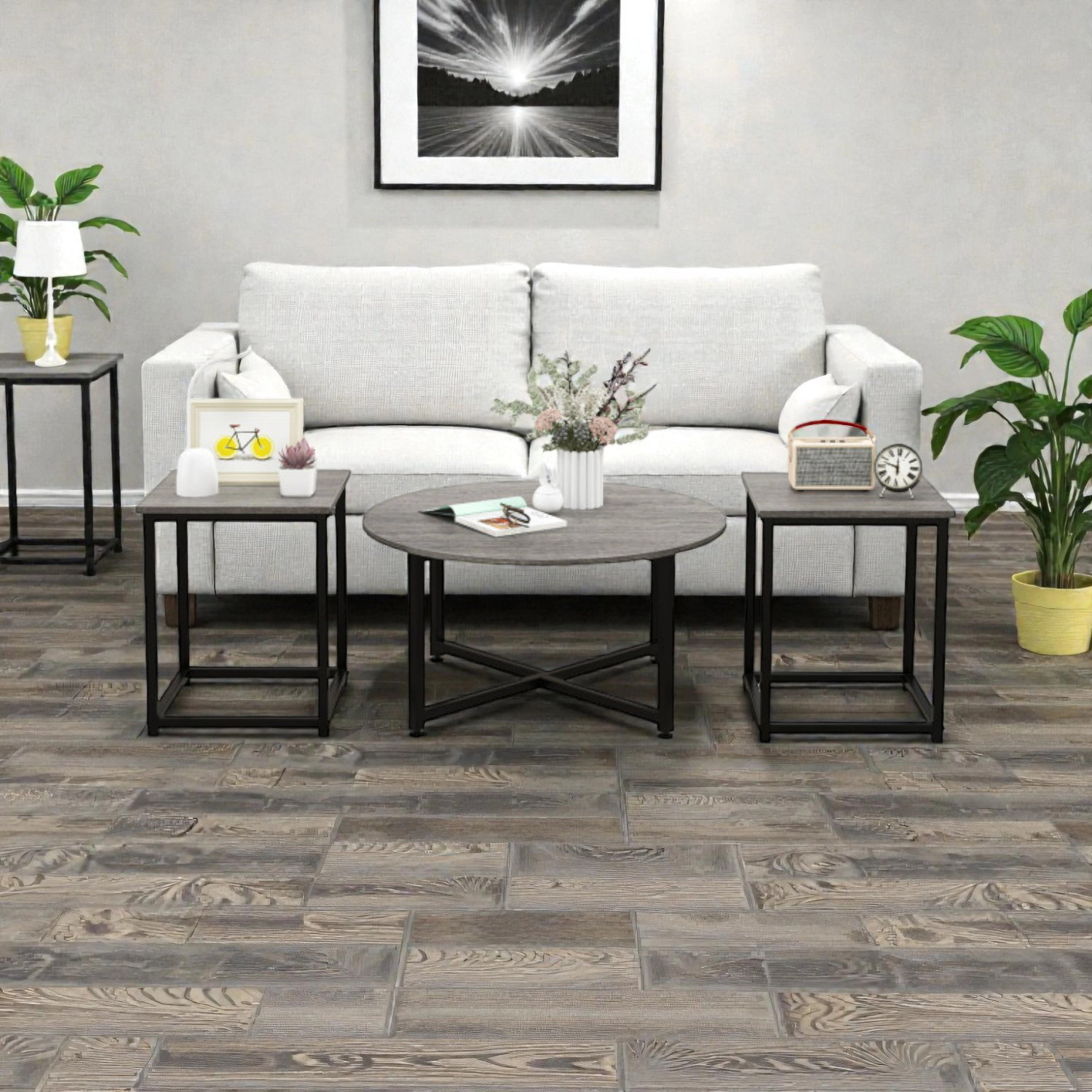 Hivvago 3-Piece Coffee Table Set Round Coffee Table and 2PCS Square End Tables