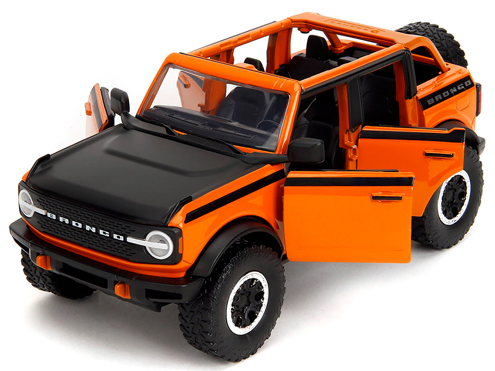 Jada 2021 Ford Bronco Open-Top Orange with Black Stripes and Hood with Extra Wheels "Just Trucks" Series 1/24