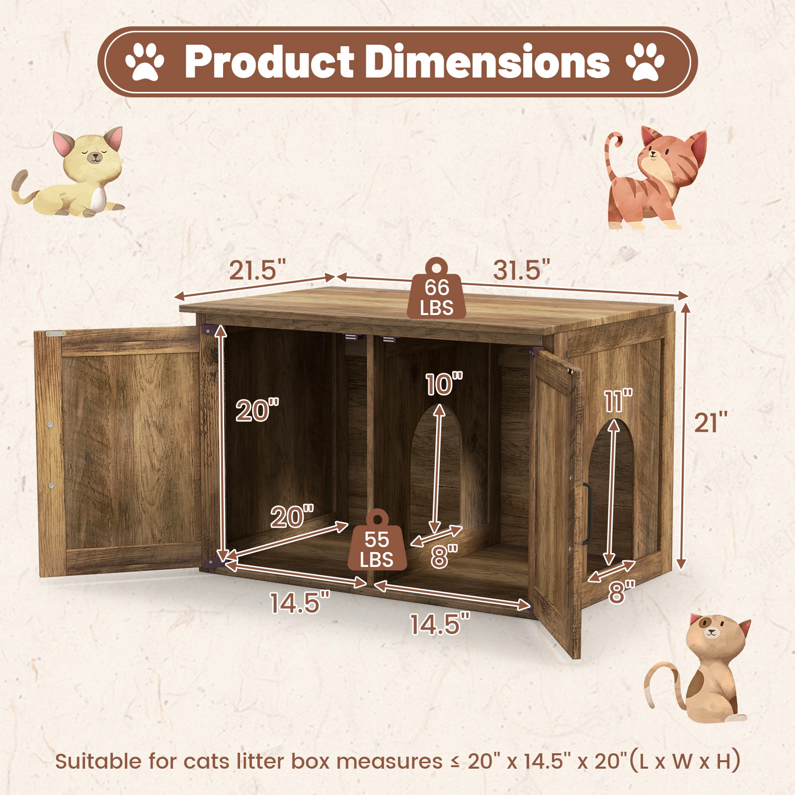 SUGIFT Flip Top Hidden Cat Washroom Pet House Cabinet with Double Barn Doors 66-lb Top Capacity 55-lb Inner Capacity Oak