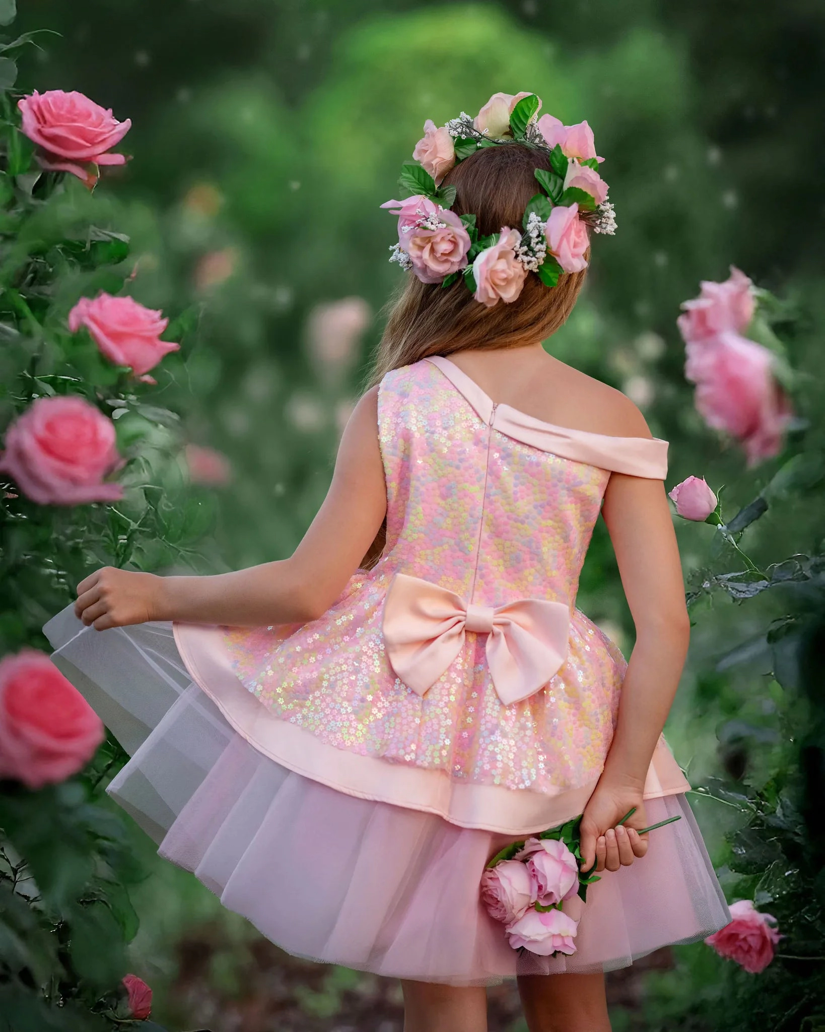 Faeella Girls Rosy Bloom Off-Shoulder Sequin Birthday Dress