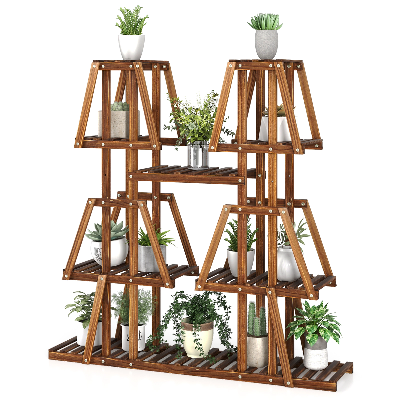 SUGIFT Brown 5-Tier 45-in Wooden Plant Stand with 10 Shelves Tiered Plant Shelf for Indoor and Outdoor