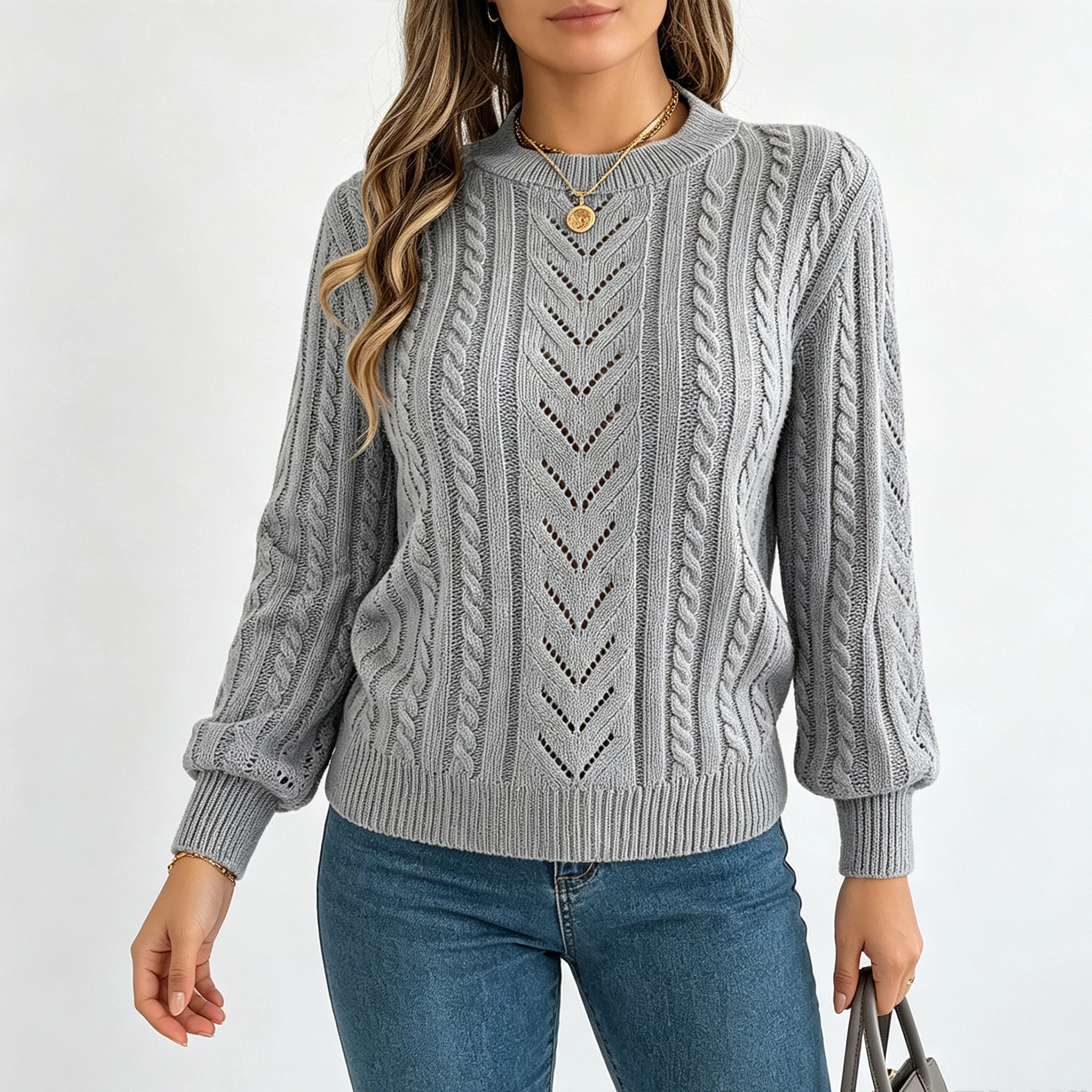 YesFashion Women's Cable Knit Sweaters Crewneck Lantern Long Sleeve Fall Winter Pullovers