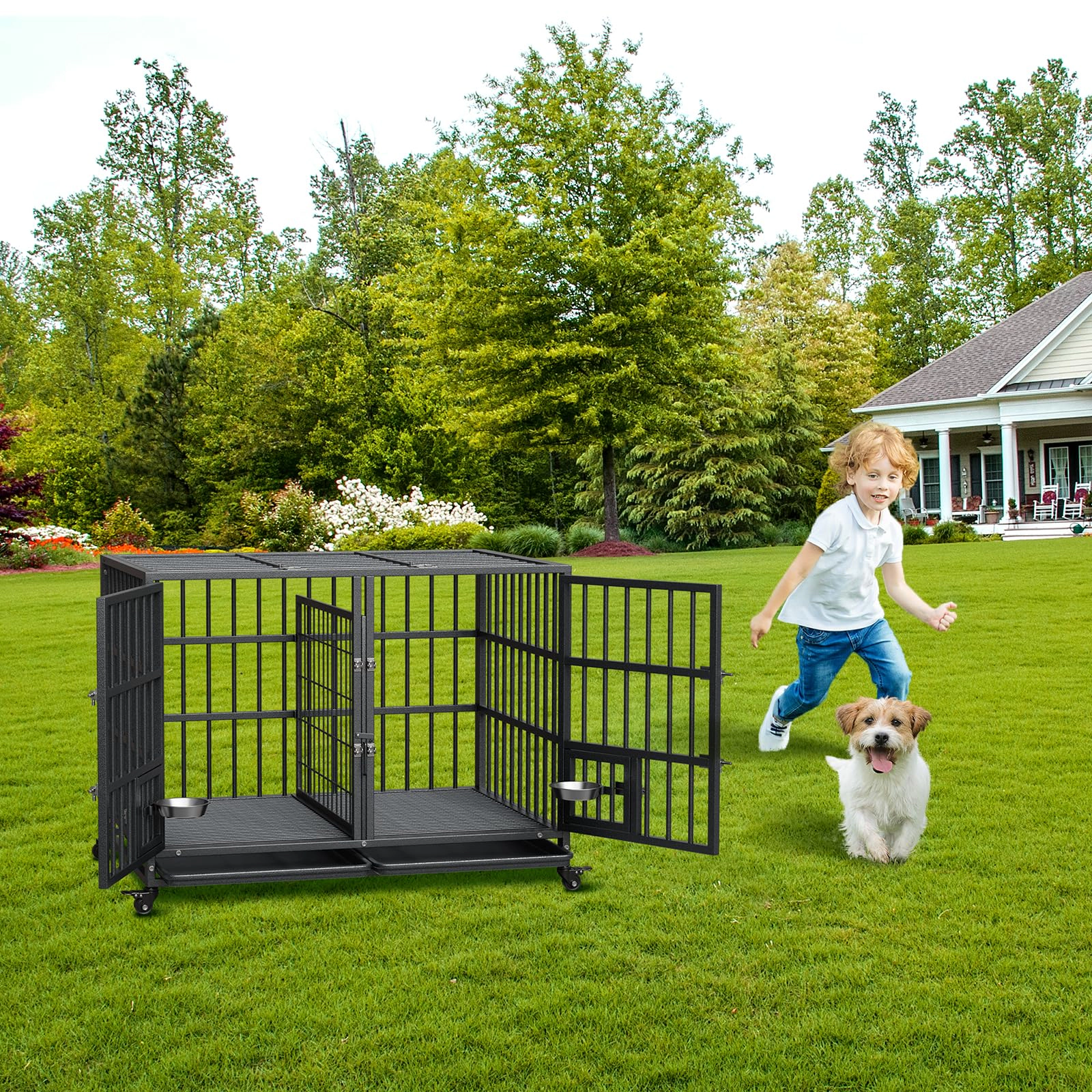 Heavy Duty Extra Large Metal Dog Crate with Roof Top, 2 Doors, Removable Tray & Wheels for High Anxiety Giant Breeds