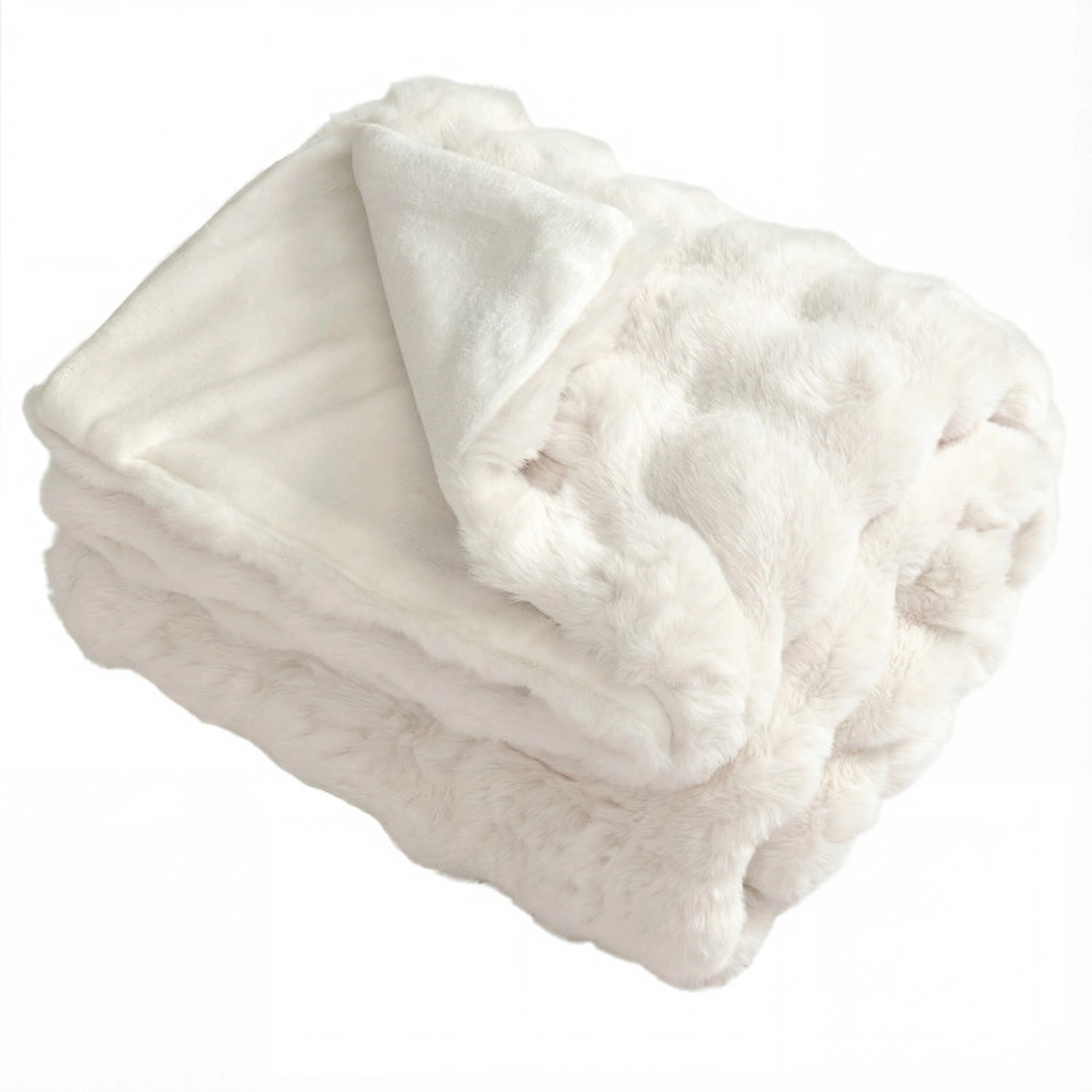 SUGIFT White 60-in by 80-in 620-GSM Double-Sided Faux Rabbit Fur Bubble Throw Blanket with Flannel Reverse
