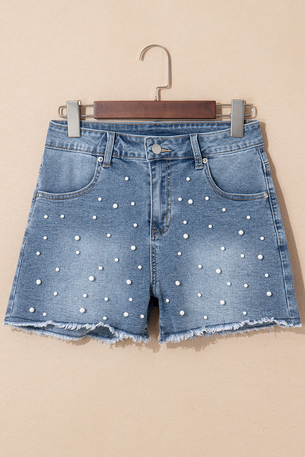 Threaded Pear Women's Amelie Pearl Beaded Raw Hem Medium Wash Denim Shorts