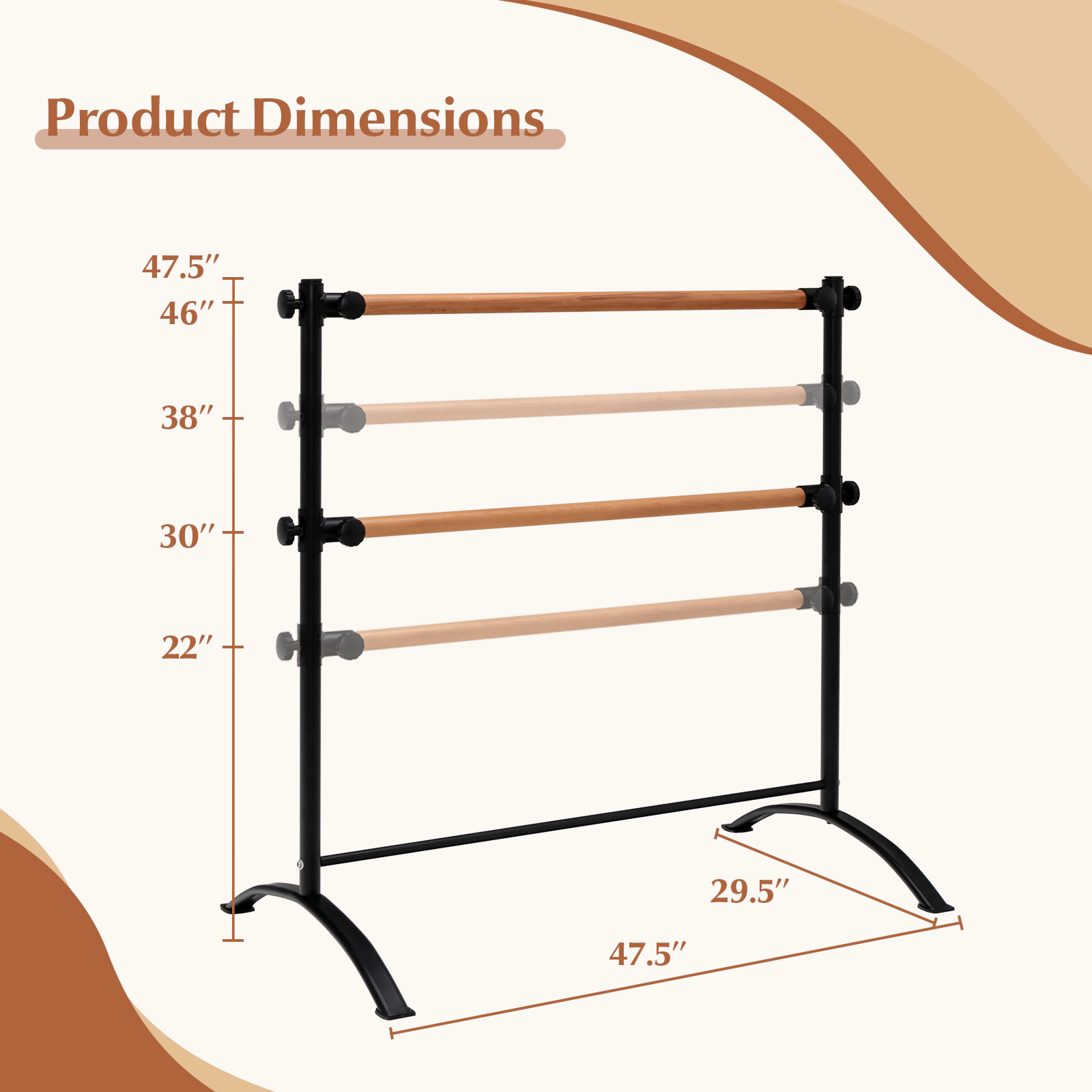 SUGIFT 4-Foot Portable Freestanding Double Ballet Barre 110-lb Capacity Adjustable 47.5-in Frame Yoga Kit Black