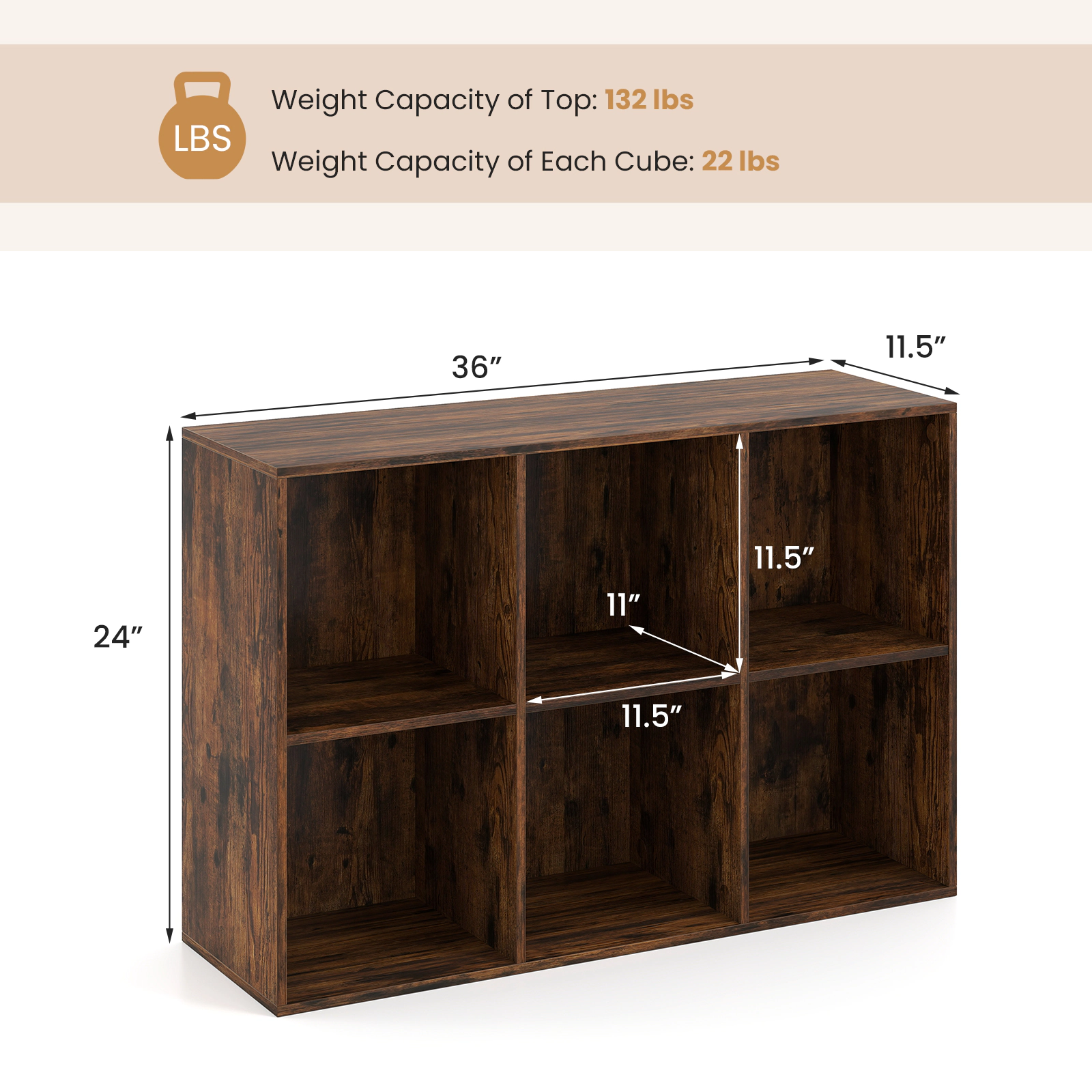 Costway 6-Cube Bookcase Modern 3-Tier Storage Organizer Horizontal Vertical Bookshelf Brown