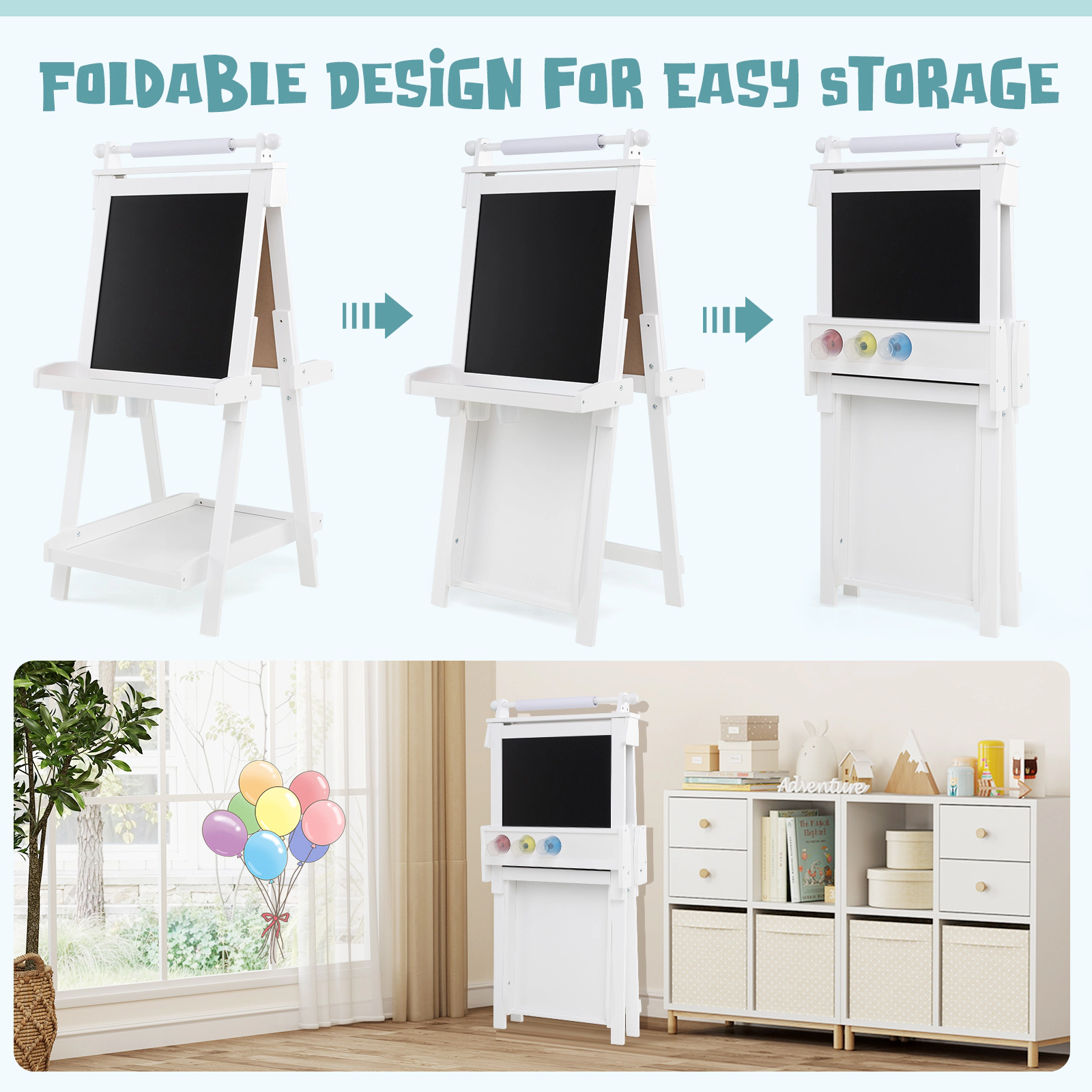 SUGIFT White Chalkboard Magnetic Whiteboard and Storage Trays 3-in-1 Kids Folding Art Easel