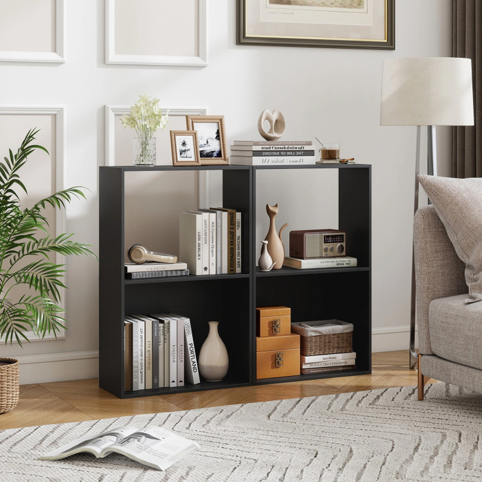 SUGIFT Set of 2 3-Tier Engineered Wood Bookshelves with Open Storage Compartment 22-lb Per Tier Capacity Black
