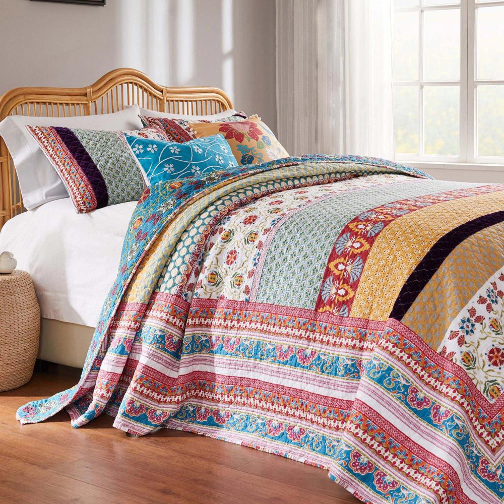 Greenland Home Fashions Thalia Cotton Boho Style Jumbo Sized Reversible Quilt Set 3 PC