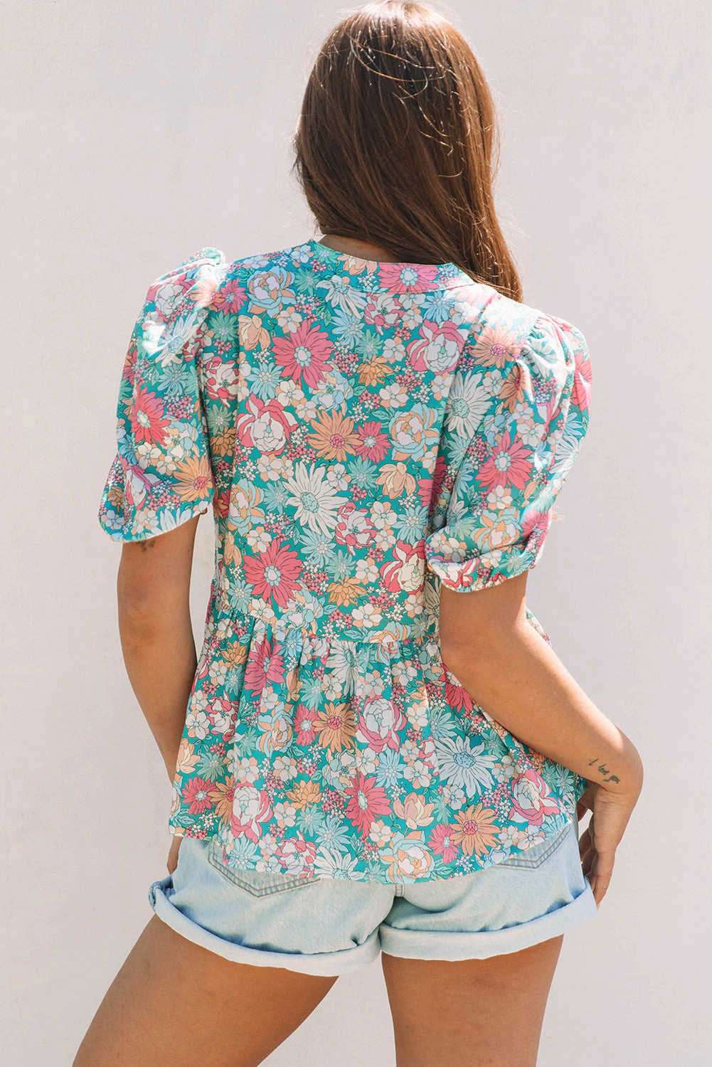 Threaded Pear Women's Amaris Notched Neck Puff Short Sleeve Floral Blouse