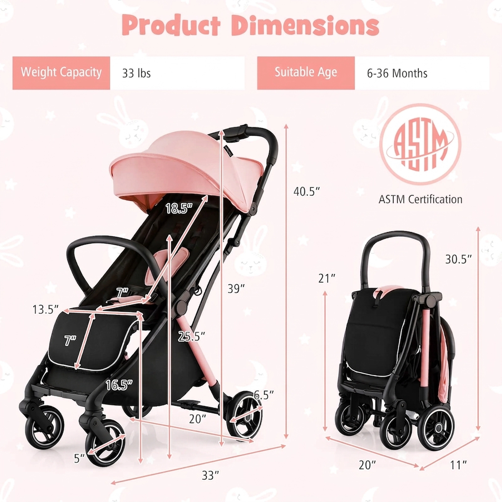 SUGIFT Baby Pink Lightweight Aluminum Stroller with One-Hand Fold 36.5-in W 20-in D 40.5-in H 33-lb Seat Capacity