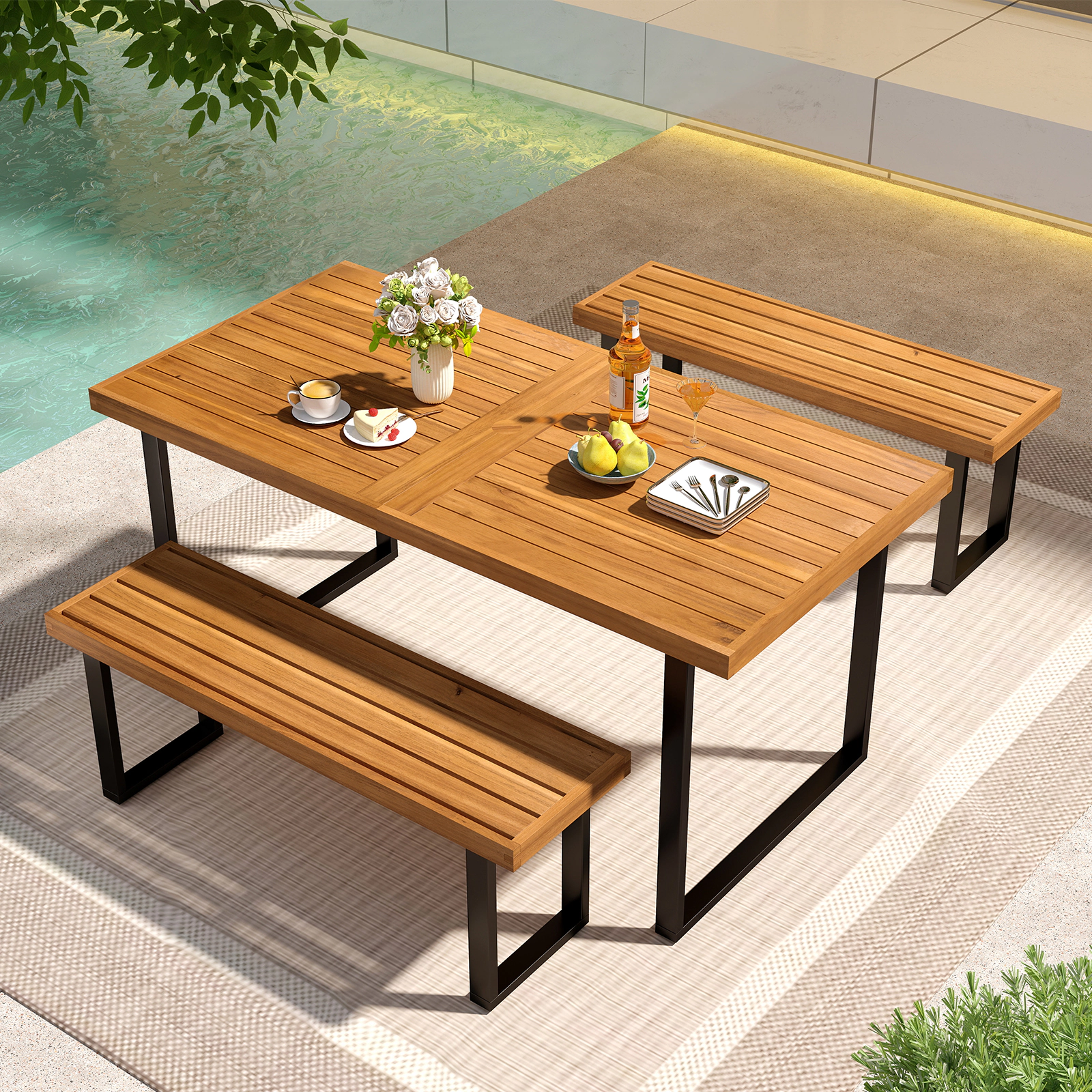 SUGIFT 3-Piece Acacia Wood Patio Dining Set, 63-Inch Table, 2 Backless Benches, Umbrella Hole