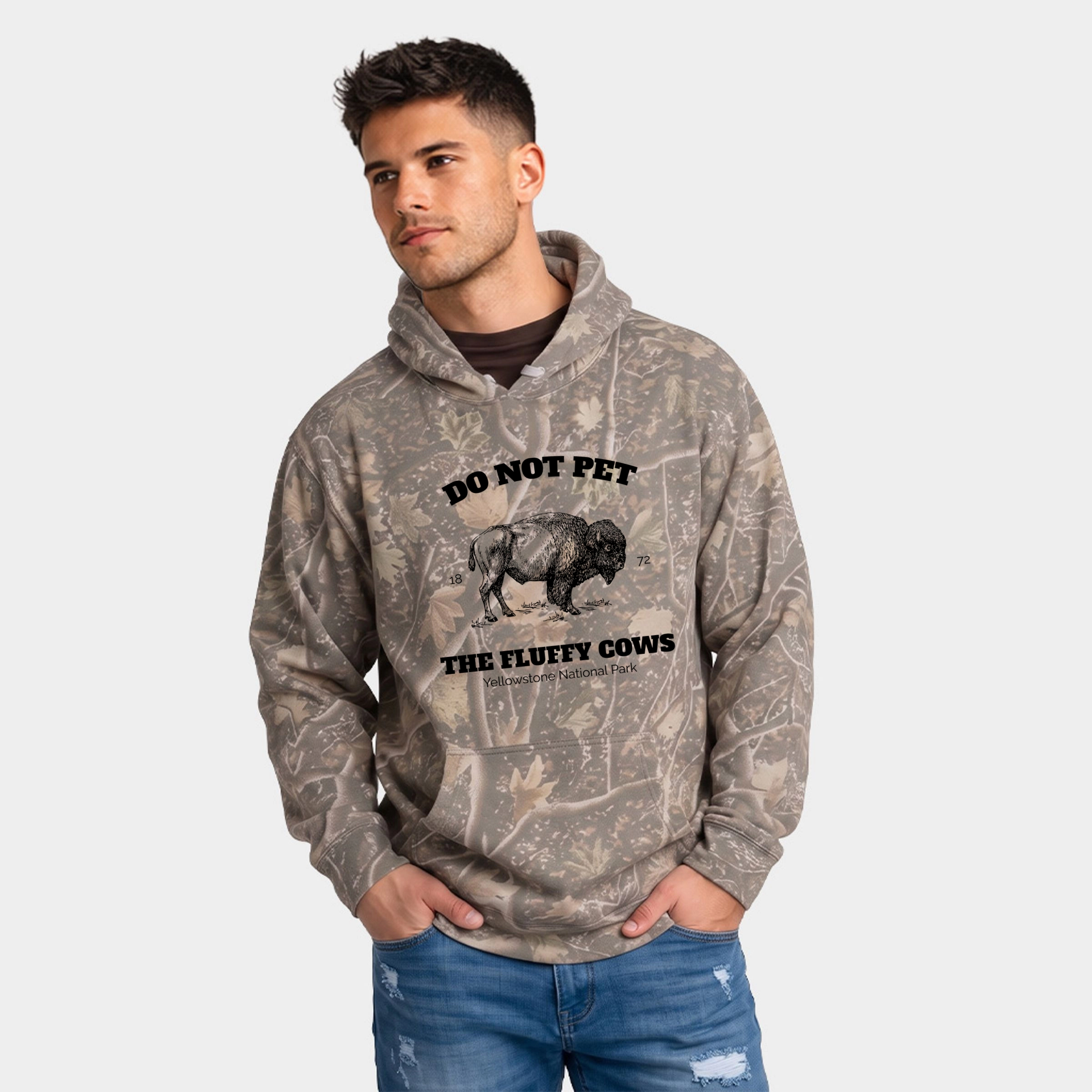 Simply Sage Market - Men's Camo Hoodie Yellowstone Fluffy Cows