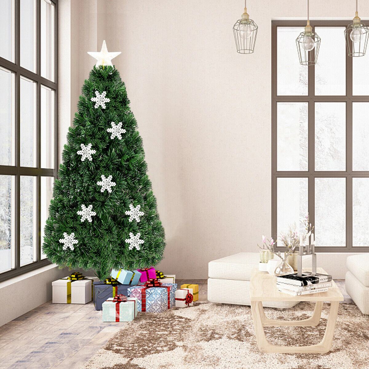 Glintex 5-Ft LED Fiber Optic Christmas Tree with 170 Tips and 21 LED Lights, Green
