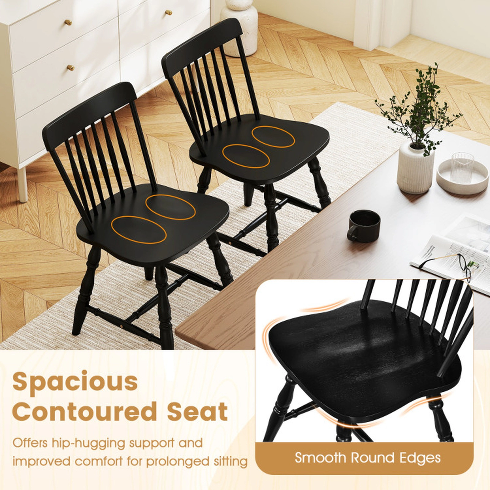 SUGIFT Rubber Wood Windsor Dining Chairs Set of 4 with Curved Spindle Back 330-lb Capacity Black/Natural