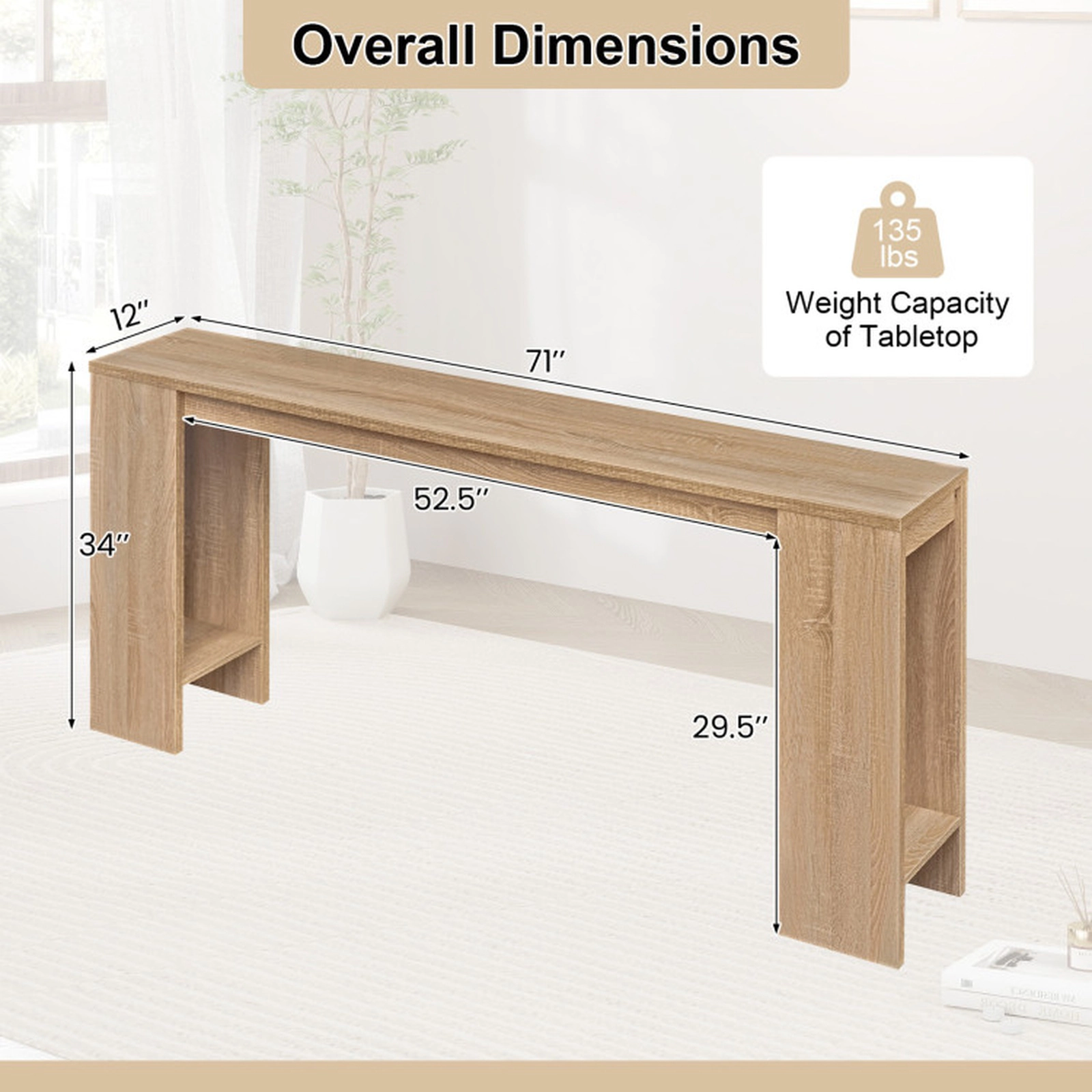 SUGIFT 71-in Extra Long 12-in Narrow 135-lb Capacity Farmhouse Console Sofa Table with Open Bottom Storage