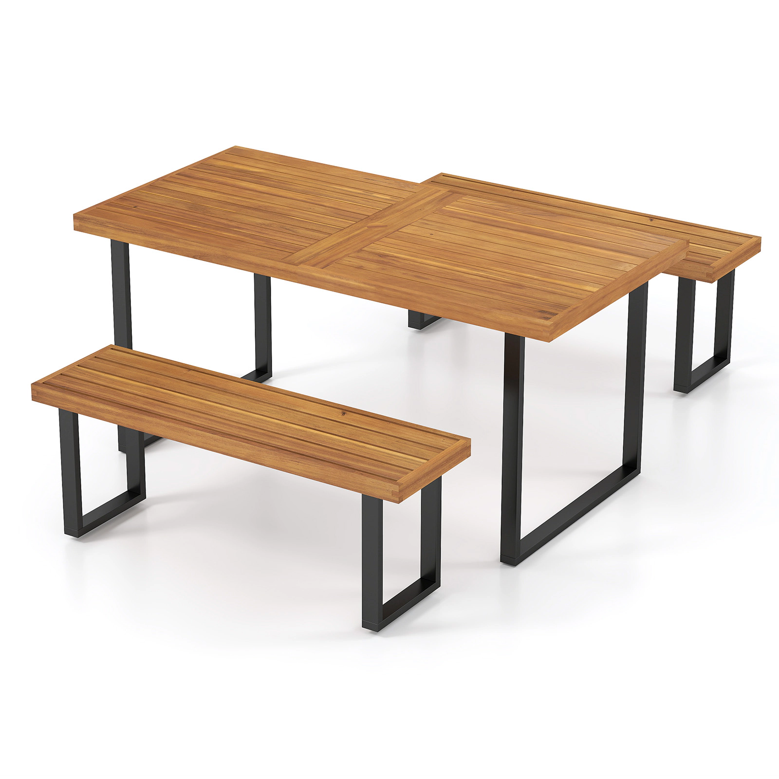 SUGIFT 3-Piece Acacia Wood Patio Dining Set, 63-Inch Table, 2 Backless Benches, Umbrella Hole