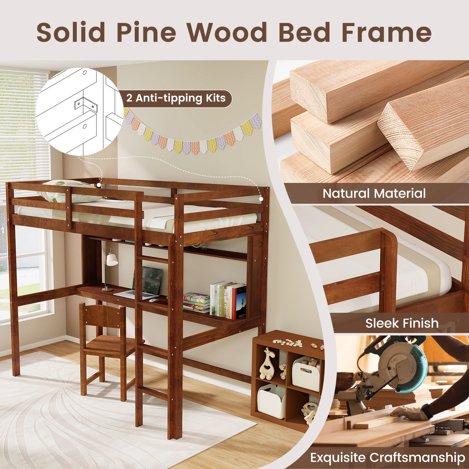 SUGIFT Brown Full-Length Desk and Guardrail Twin Size Kids Solid Wood Loft Bed