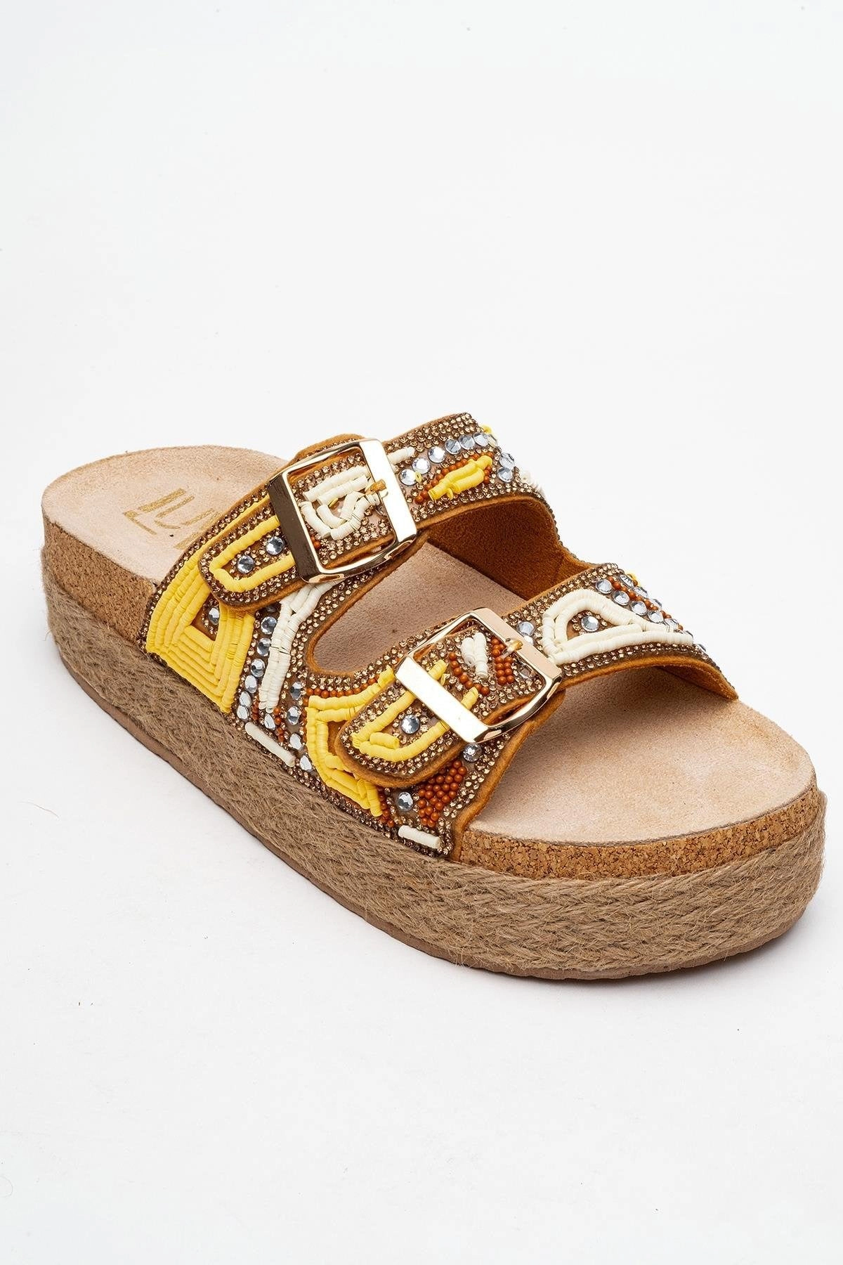 Prologue Shoes Womens Bobby Beaded Straw Platform Slide Sandal
