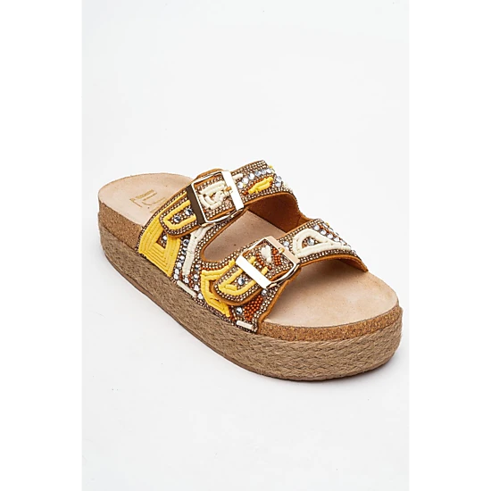 Prologue Shoes Womens Bobby Beaded Straw Platform Slide Sandal